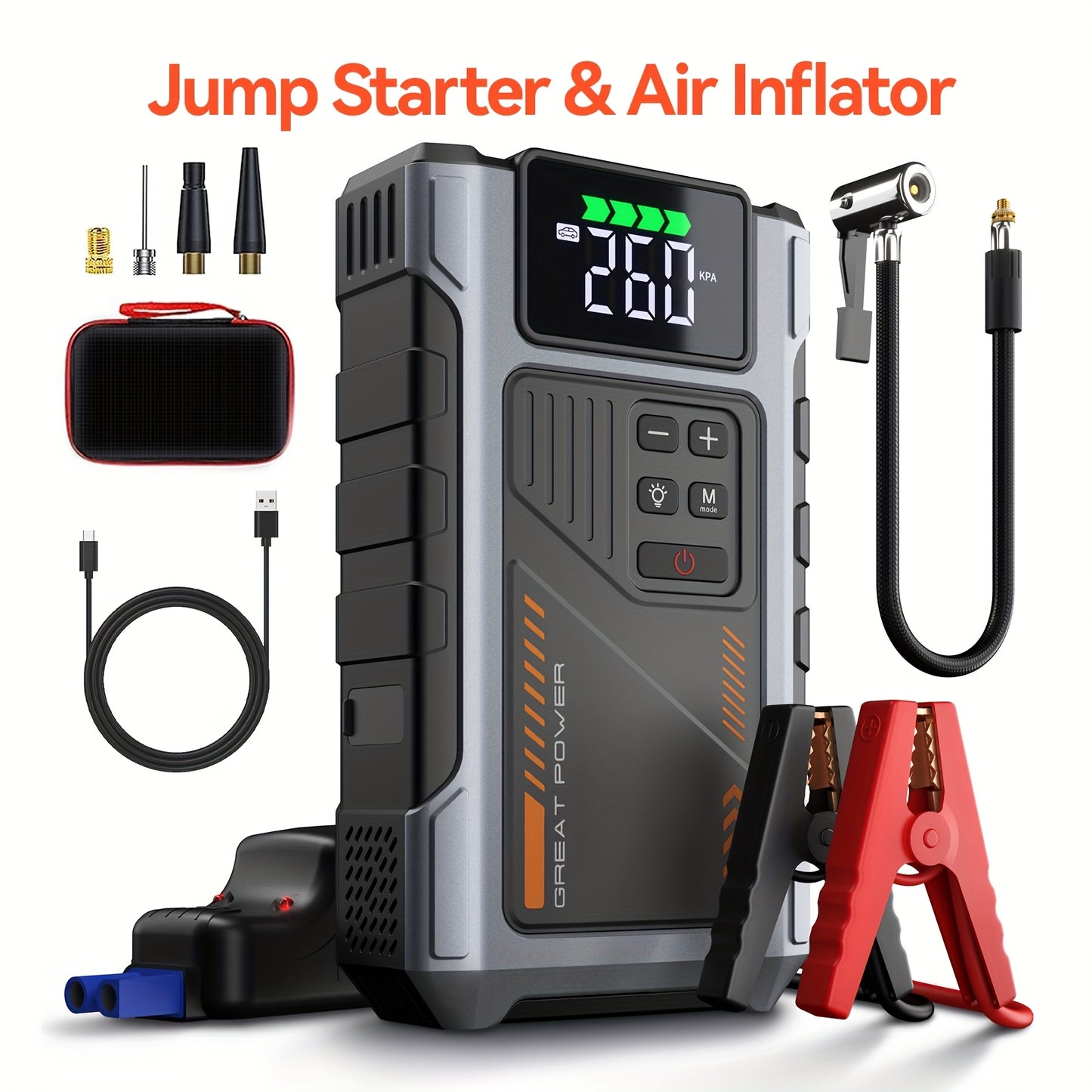 Portable Jump Starter 3000A Peak Power Car Compressor