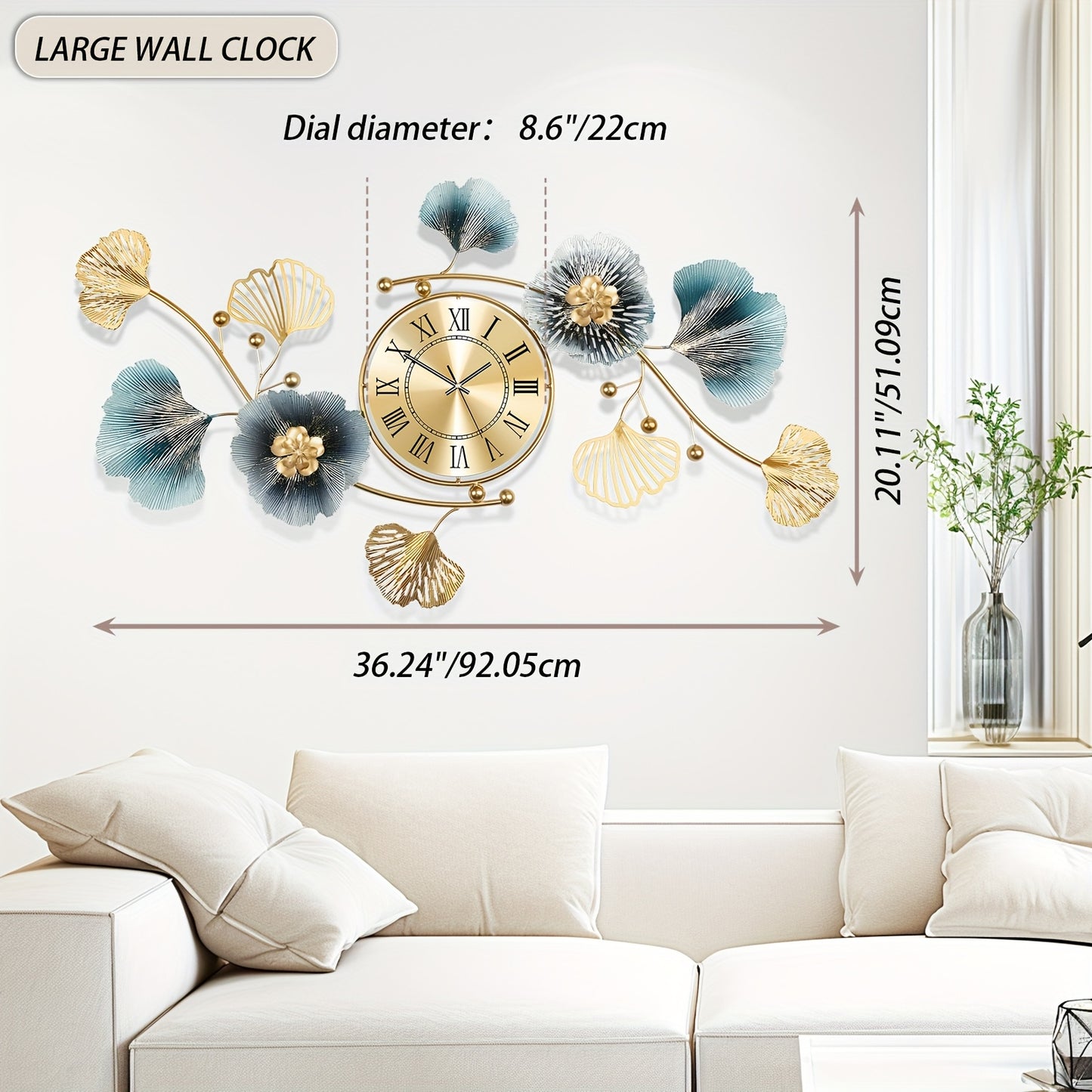36.24 Inch Living Room Clock Silent Sports Battery Powered Ginkgo Leaf Metal Clock Two Sets of Clock Needles Decorative Clock for Bedrooms Offices and Homes