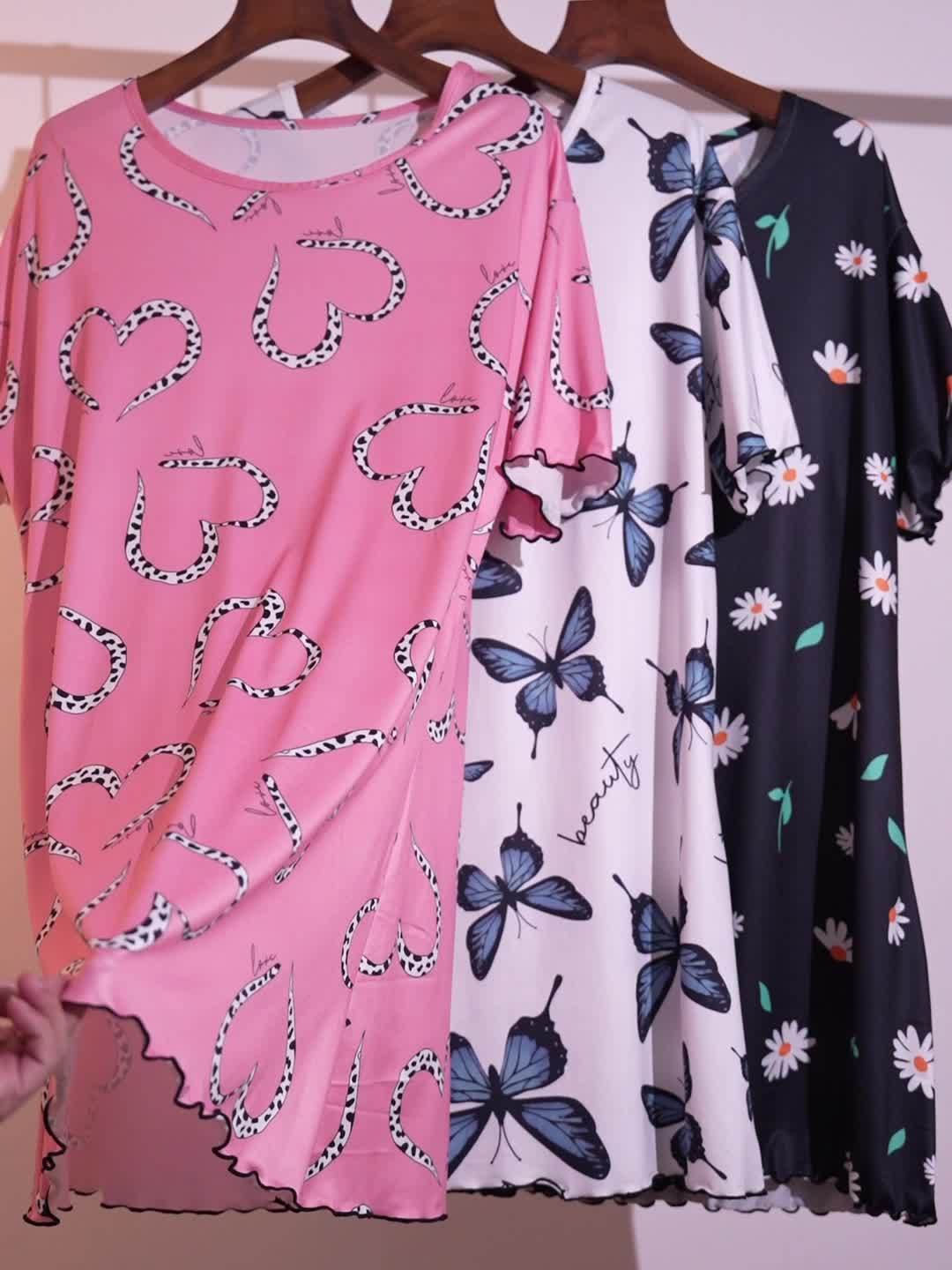 3pcs Women's Plus Size Sleep Dresses - Comfy/Stretchy, Floral/Butterfly Prints