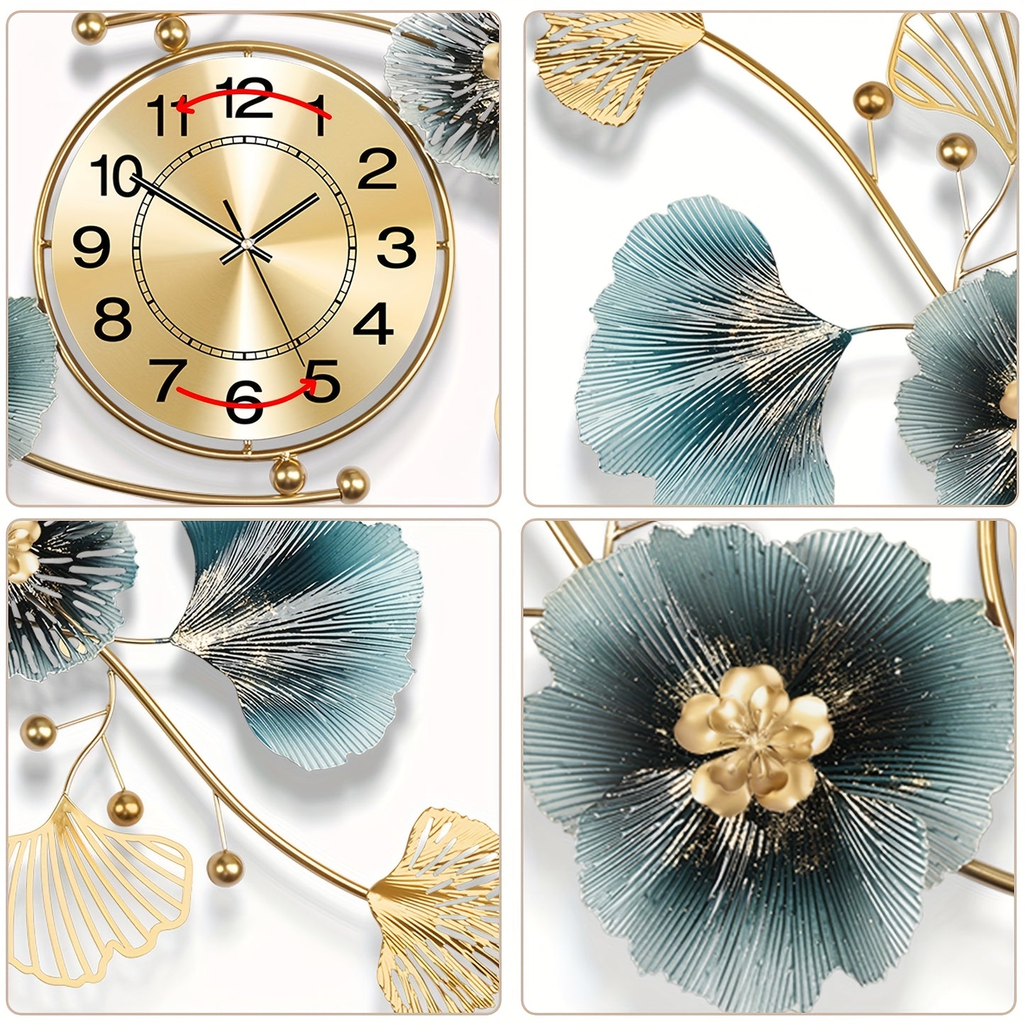 36.24 Inch Living Room Clock Silent Sports Battery Powered Ginkgo Leaf Metal Clock Two Sets of Clock Needles Decorative Clock for Bedrooms Offices and Homes