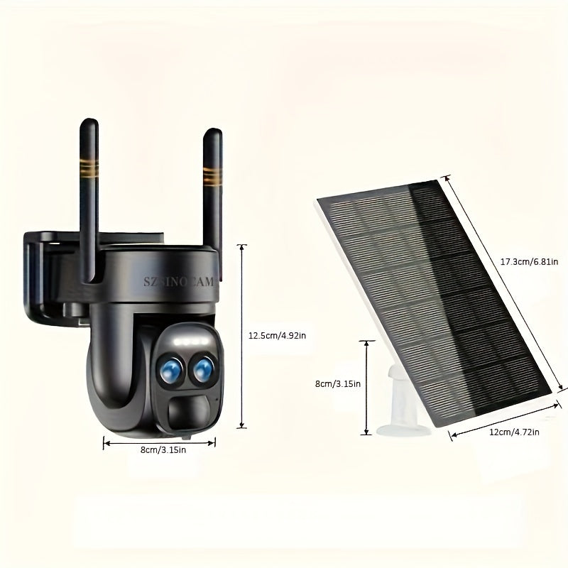 Security Camera With Solar Panel, PTZ HD System, Dual Lens