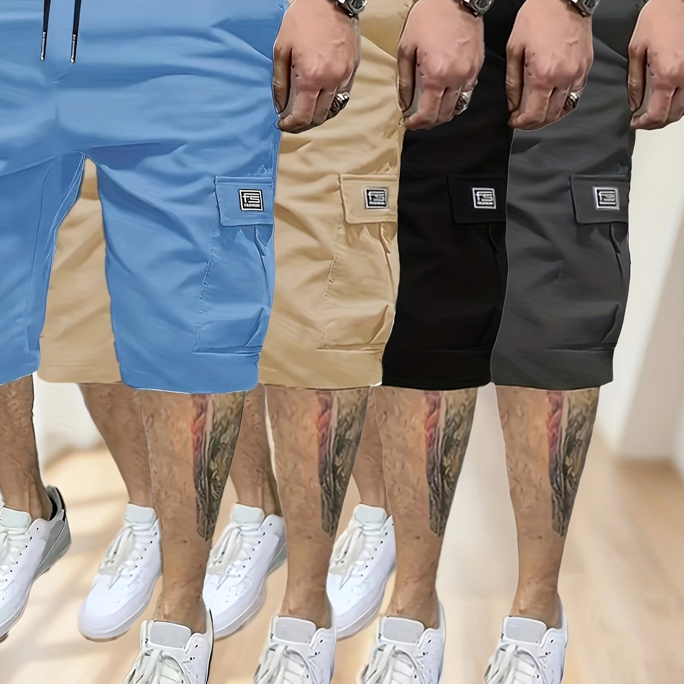 4 Pack Men's Casual Cargo Shorts Solid Color 100 Percent Polyester Non Stretch Woven Fabric Loose Fit Summer Fashion