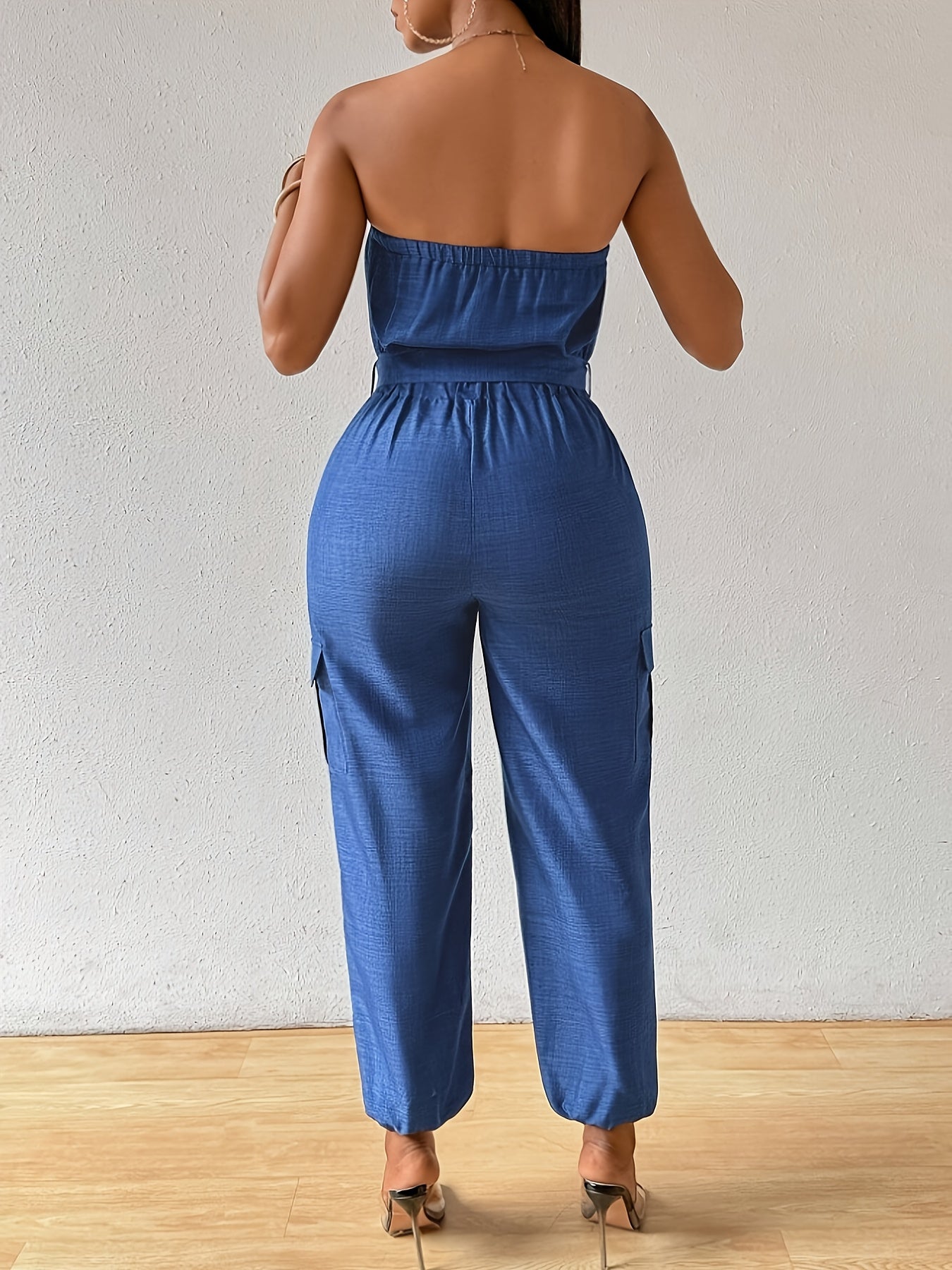 Women's Sexy Strapless Denim-Look Jumpsuit with Belt