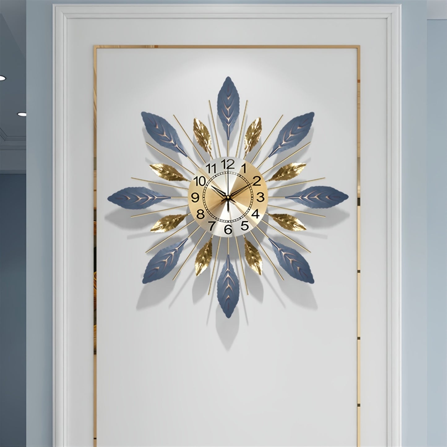 Golden Blue Metal Leaf Design Clock Silent Non-Ticking