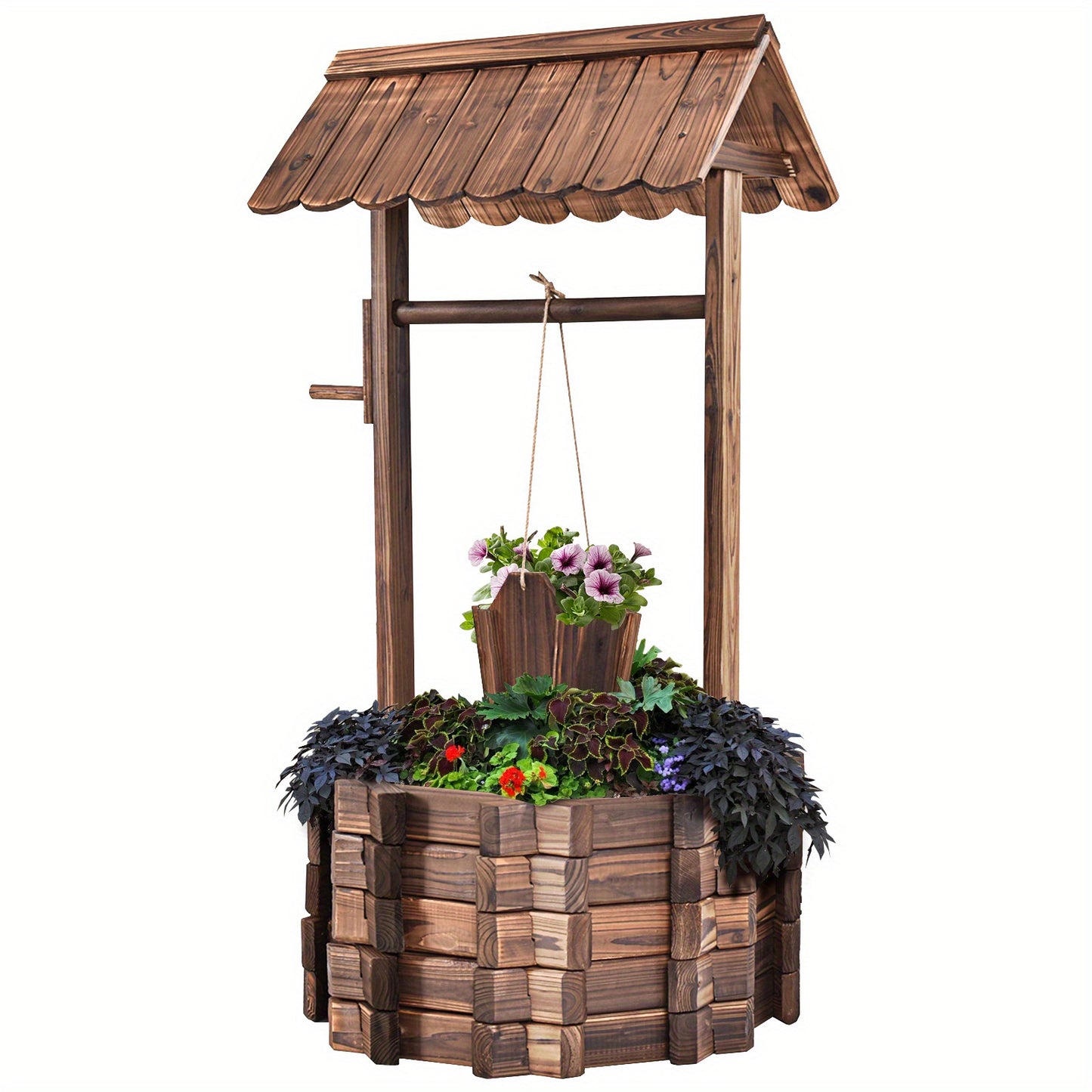 Outdoor Wooden Wishing Well Bucket Planter for Patio Garden