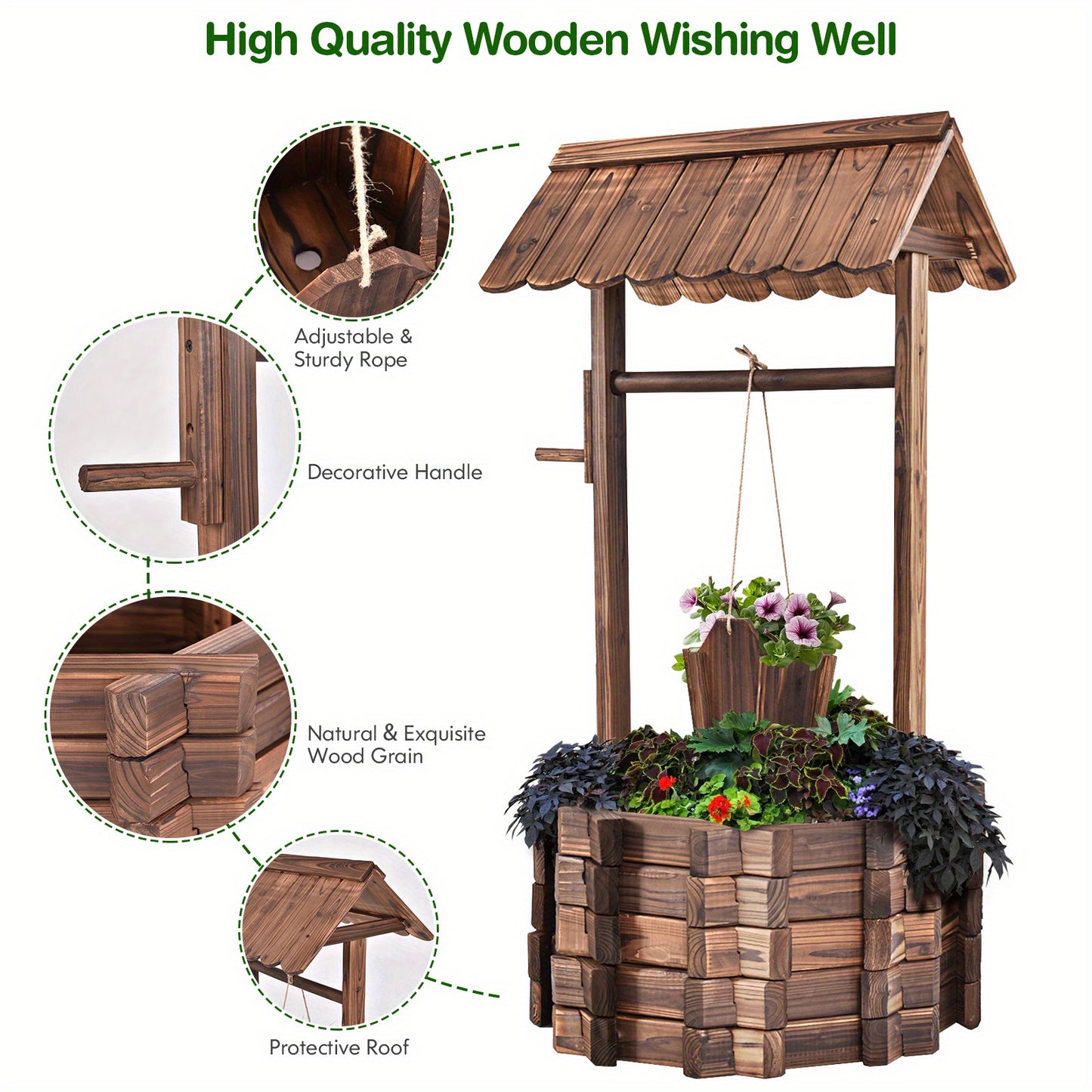 Outdoor Wooden Wishing Well Bucket Planter for Patio Garden