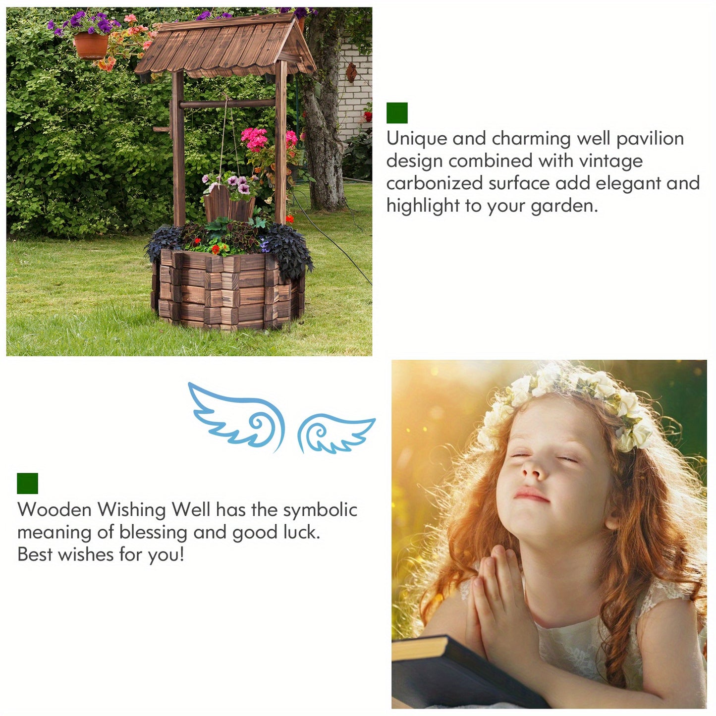 Outdoor Wooden Wishing Well Bucket Planter for Patio Garden