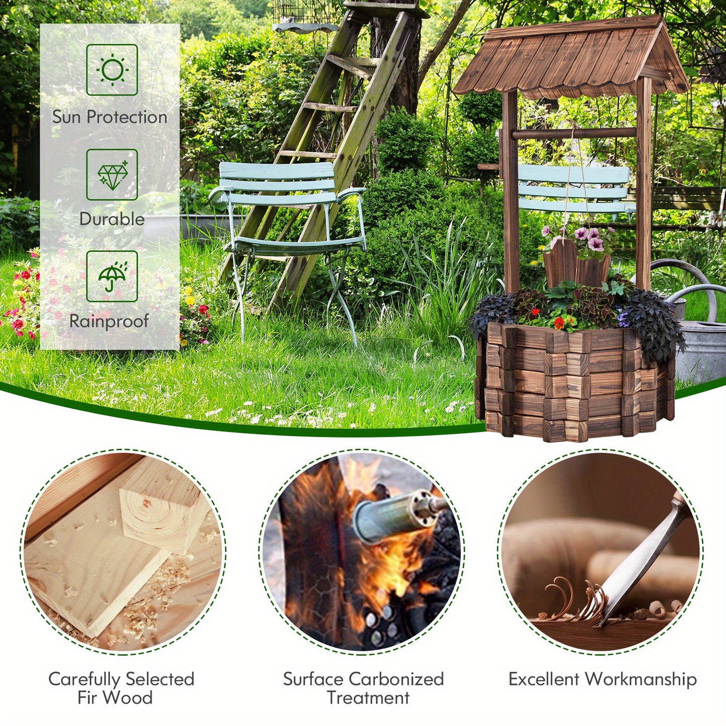 Outdoor Wooden Wishing Well Bucket Planter for Patio Garden