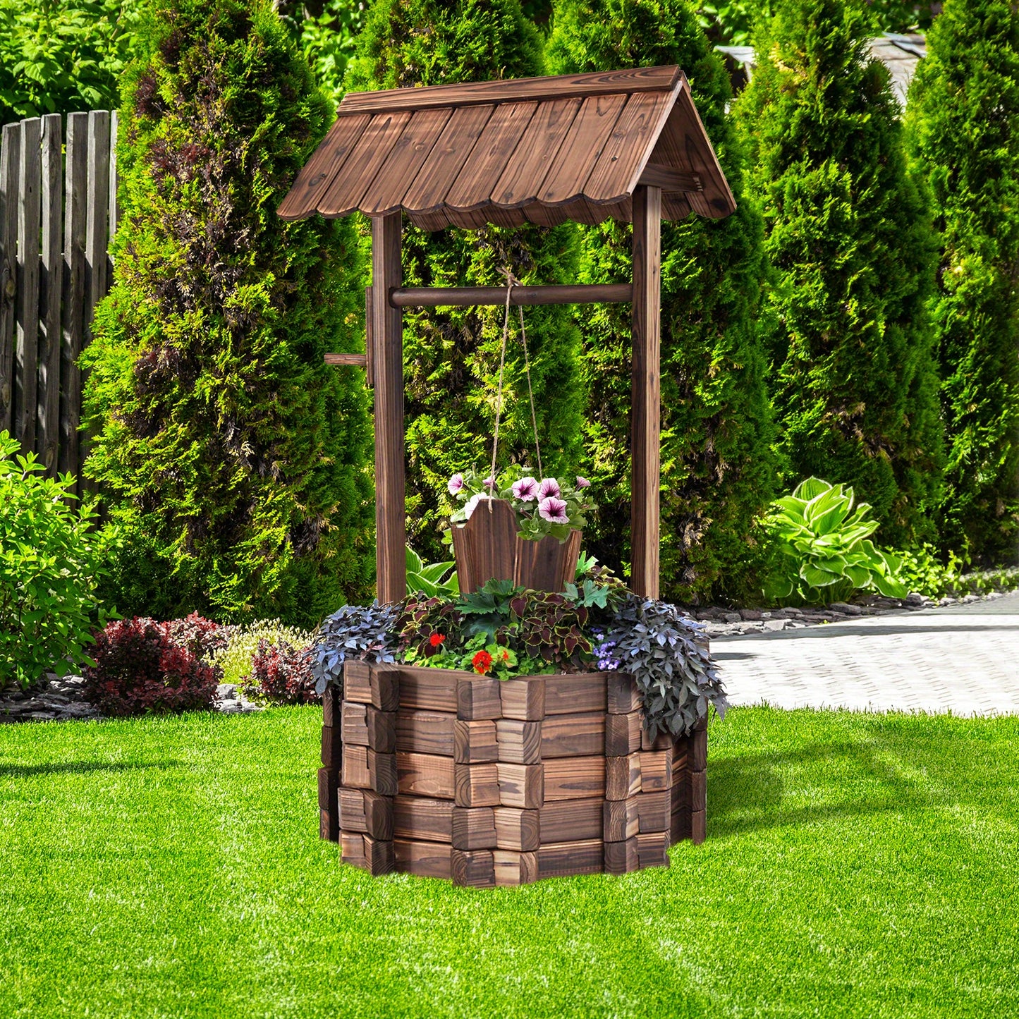 Outdoor Wooden Wishing Well Bucket Planter for Patio Garden
