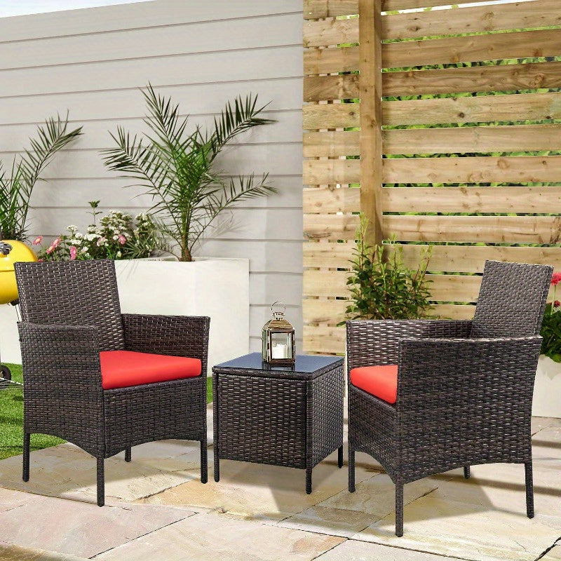 3 Pieces Wicker Patio Furniture Set With Cushioned Glass
