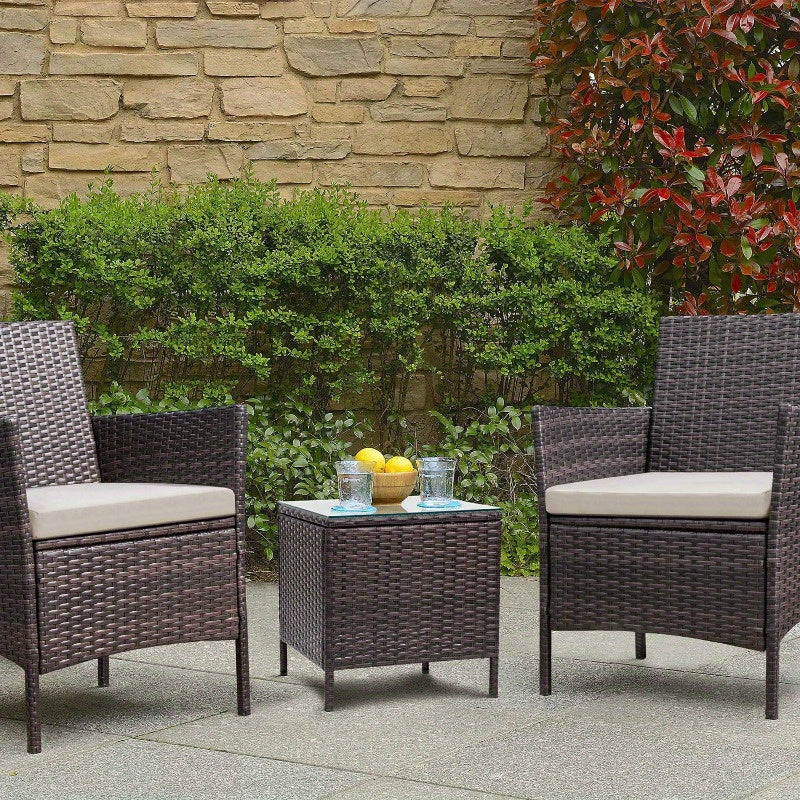 3 Pieces Wicker Patio Furniture Set With Cushioned Glass