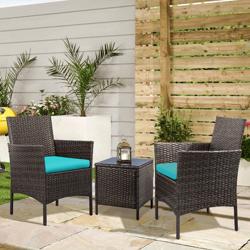 3 Pieces Wicker Patio Furniture Set With Cushioned Glass