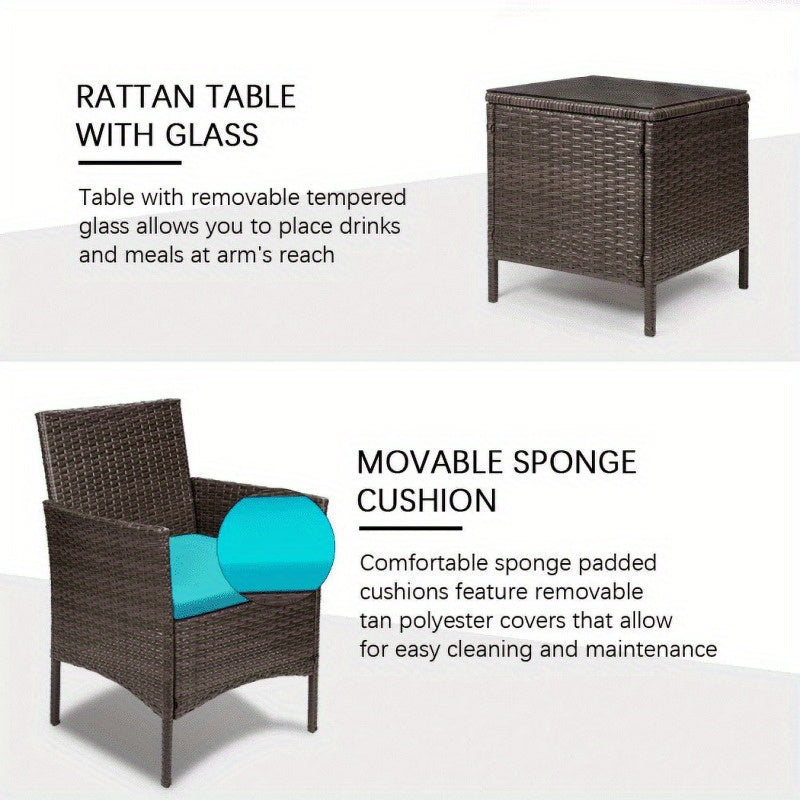 3 Pieces Wicker Patio Furniture Set With Cushioned Glass