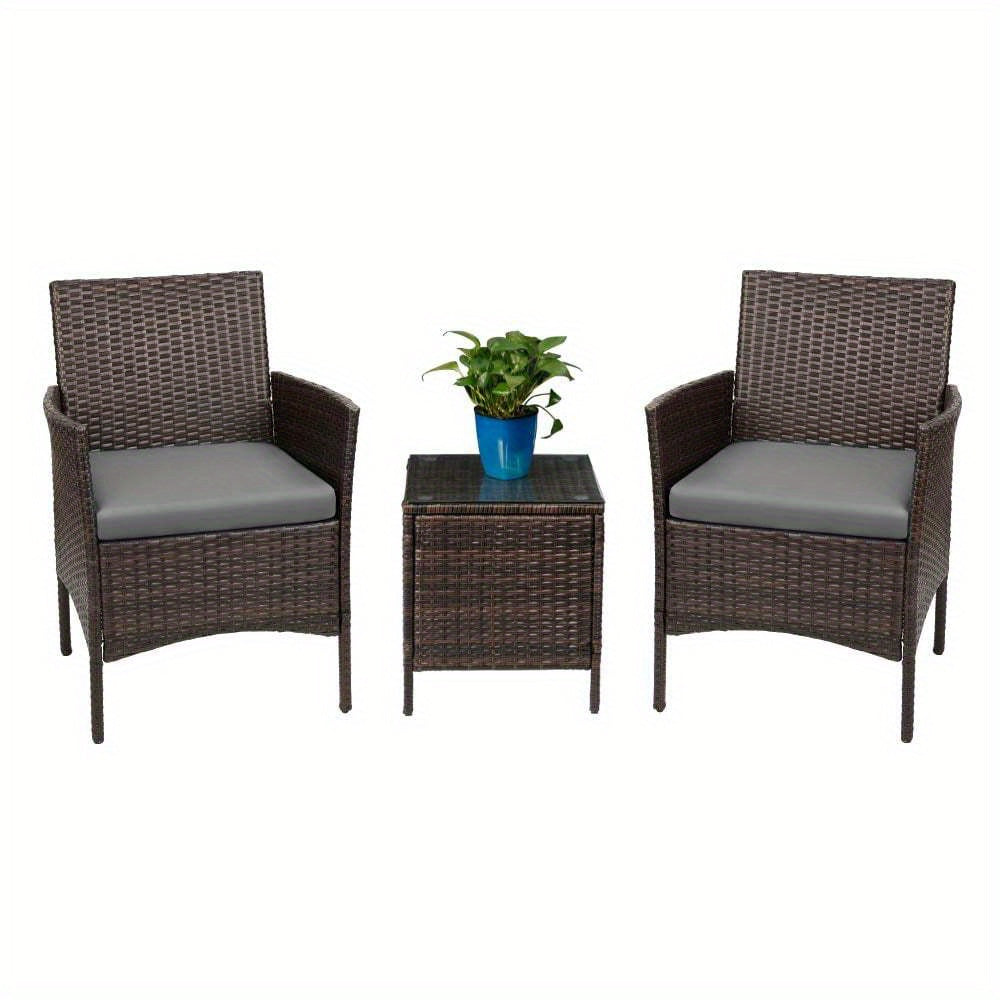 3 Pieces Wicker Patio Furniture Set With Cushioned Glass