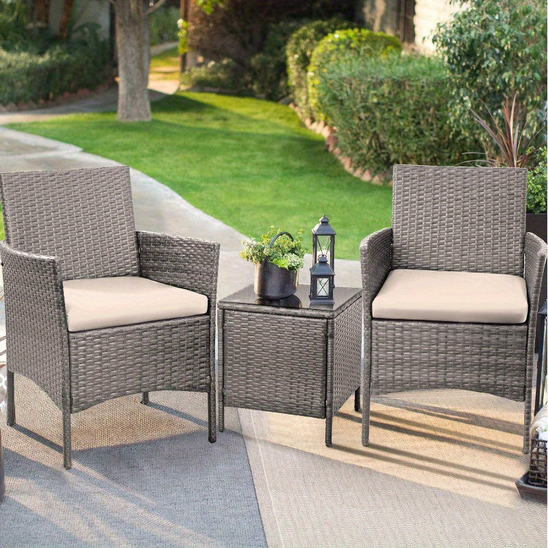 3 Pieces Wicker Patio Furniture Set With Cushioned Glass