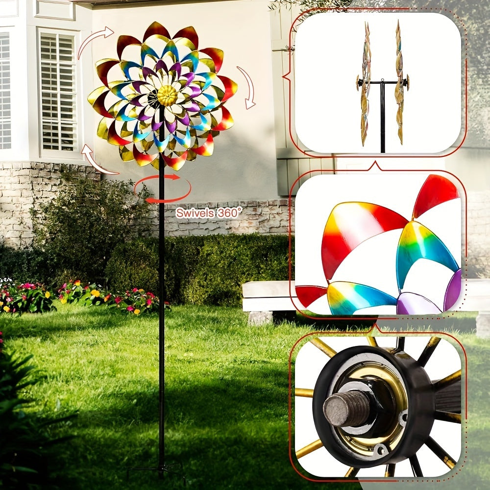 Vibrant Rainbow Metal Windmill Sculpture Rotating Garden Stake