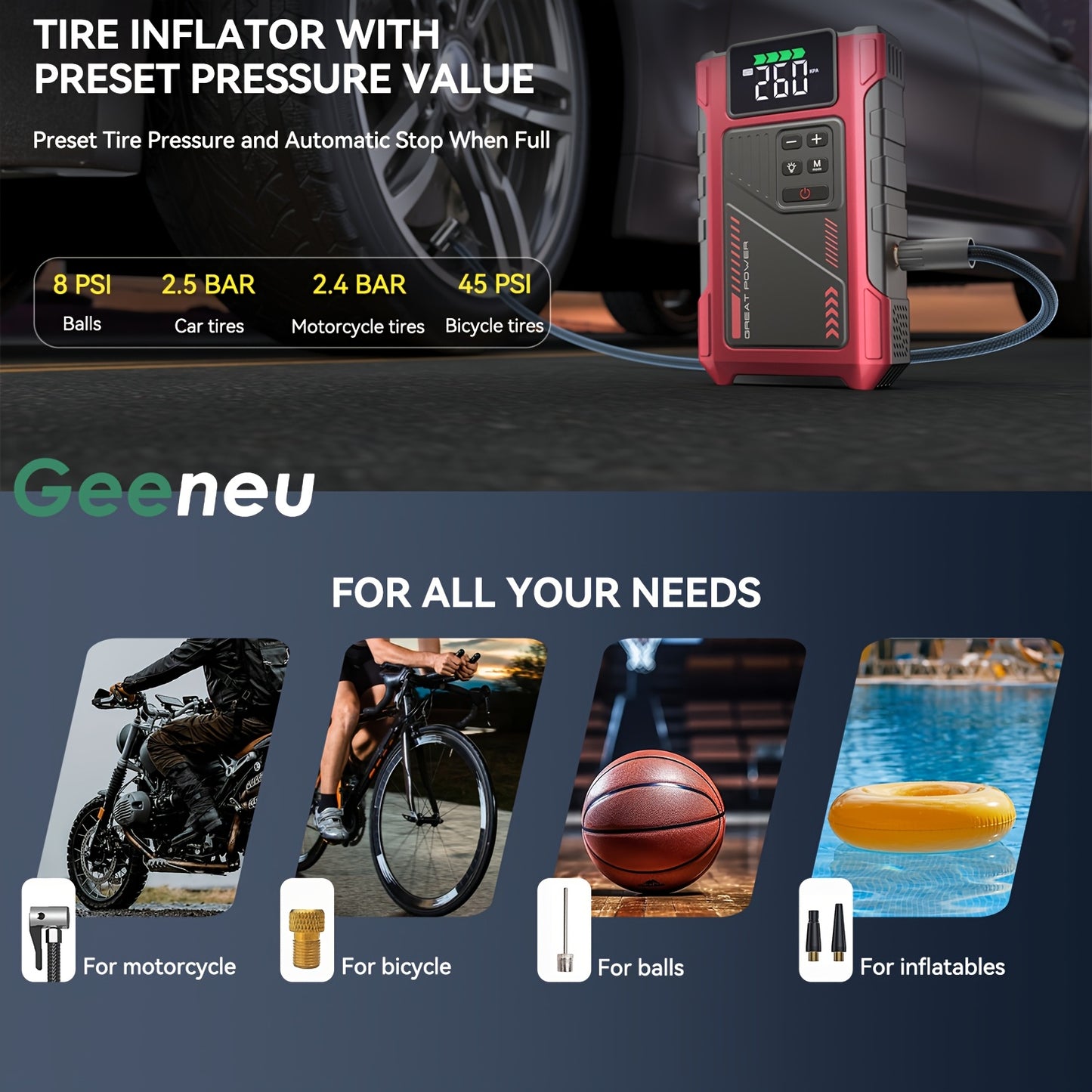 Portable Jump Starter 3000A Peak Power Car Compressor