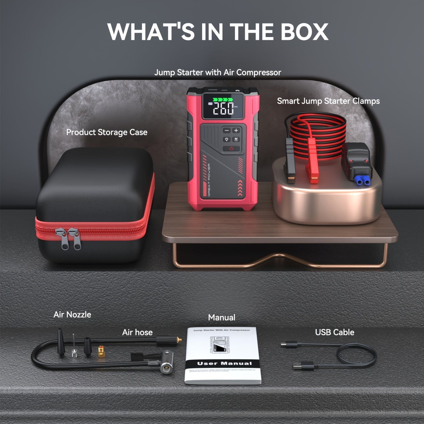 Portable Jump Starter 3000A Peak Power Car Compressor