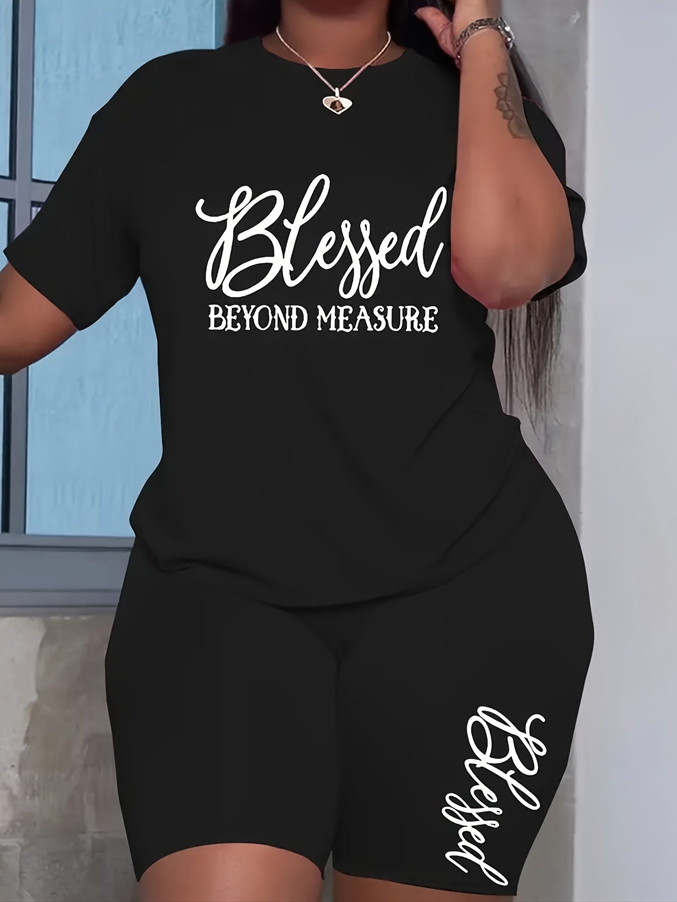 Plus Size Bold Letter Print Two-Piece Outfit For Curvy Women