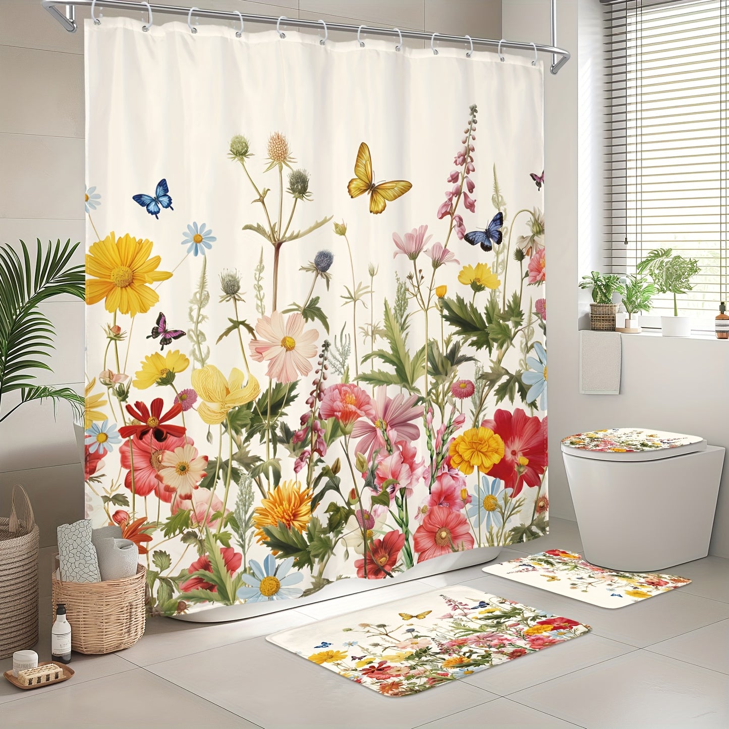 1/4pcs - Wildflower Shower Set Including Curtain Hooks 3 Mats