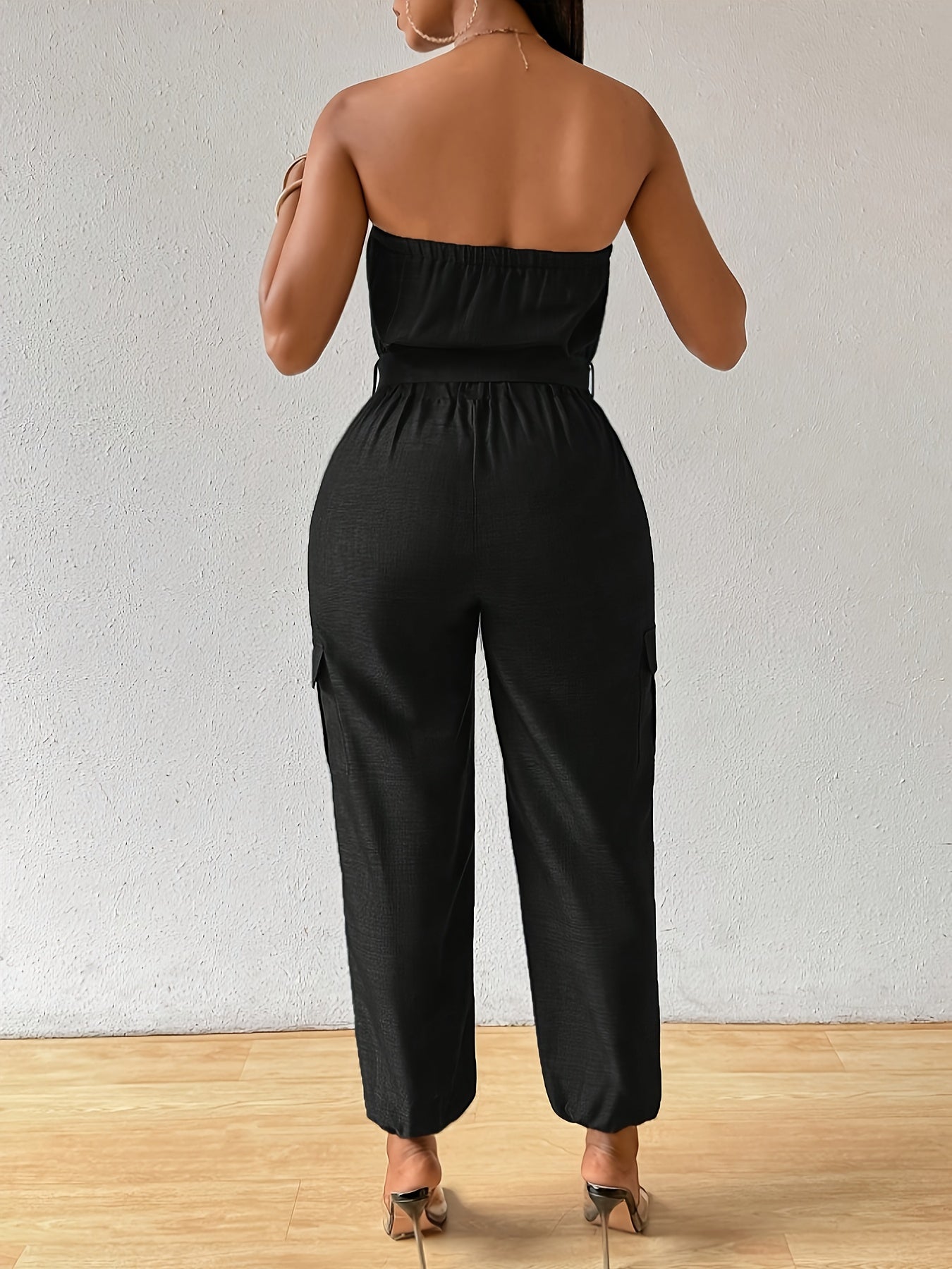 Women's Sexy Strapless Denim-Look Jumpsuit with Belt