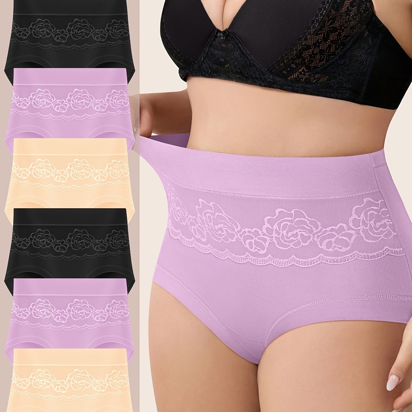 Soft Plus Size Women's Elegant Panties, with Solid Contrast Lace