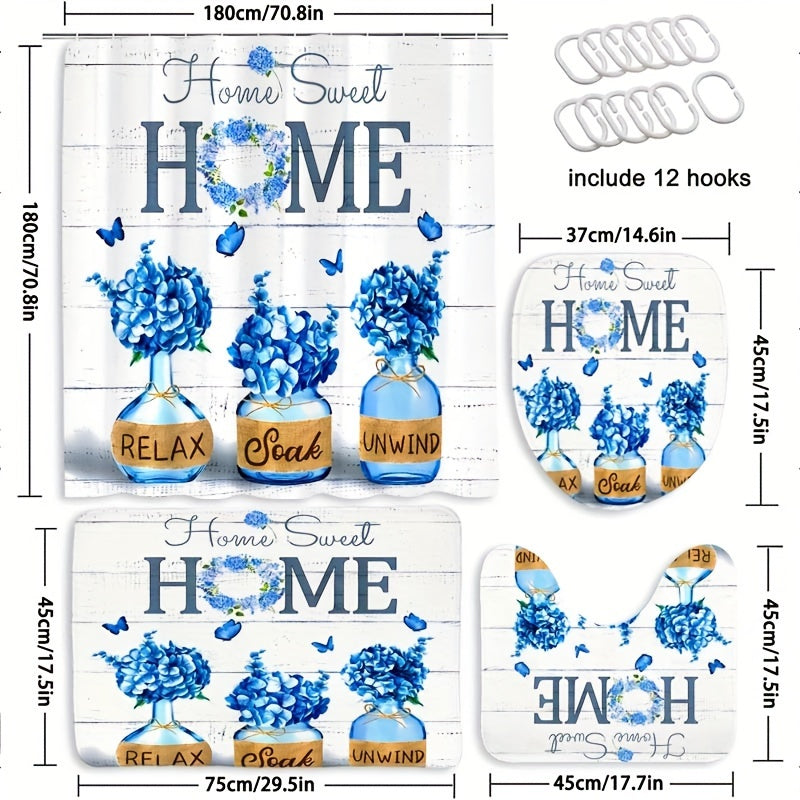 4pcs Shower Curtain Set, Floor Mat, Toilet Mat, Seat Cushion