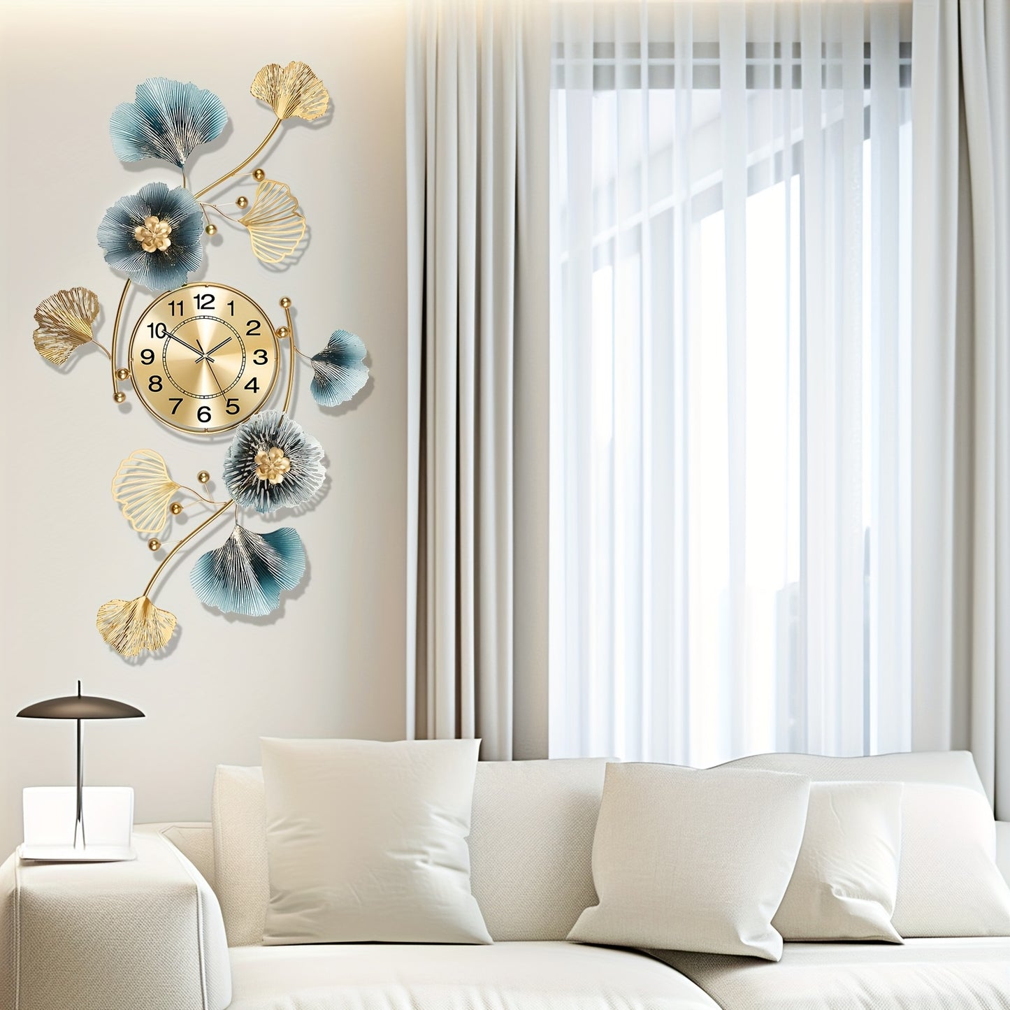 36.24 Inch Living Room Clock Silent Sports Battery Powered Ginkgo Leaf Metal Clock Two Sets of Clock Needles Decorative Clock for Bedrooms Offices and Homes