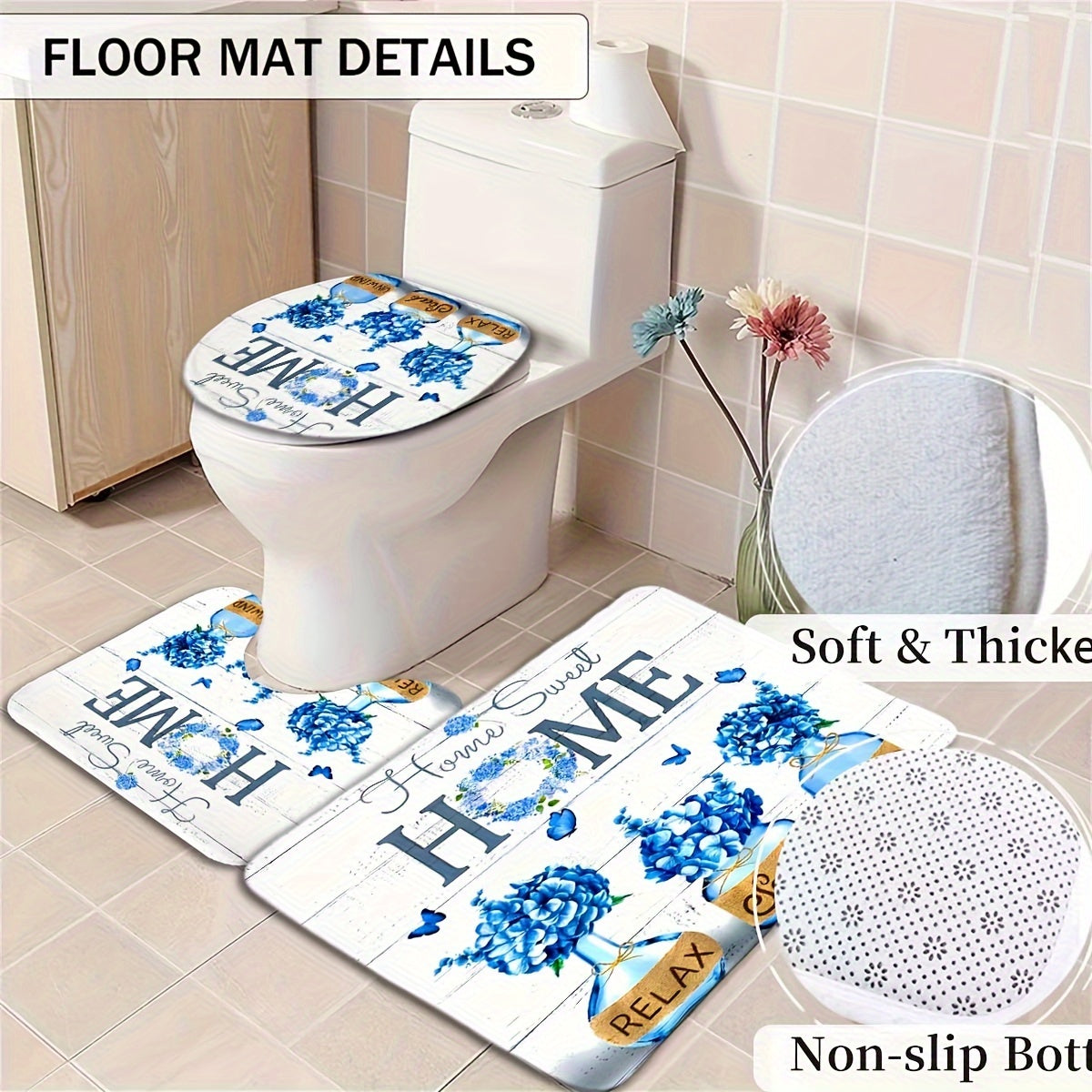 4pcs Shower Curtain Set, Floor Mat, Toilet Mat, Seat Cushion