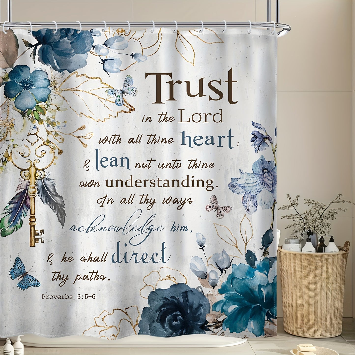 1/4pcs Teal Flower Scripture Shower Curtain Set with Hooks Mats
