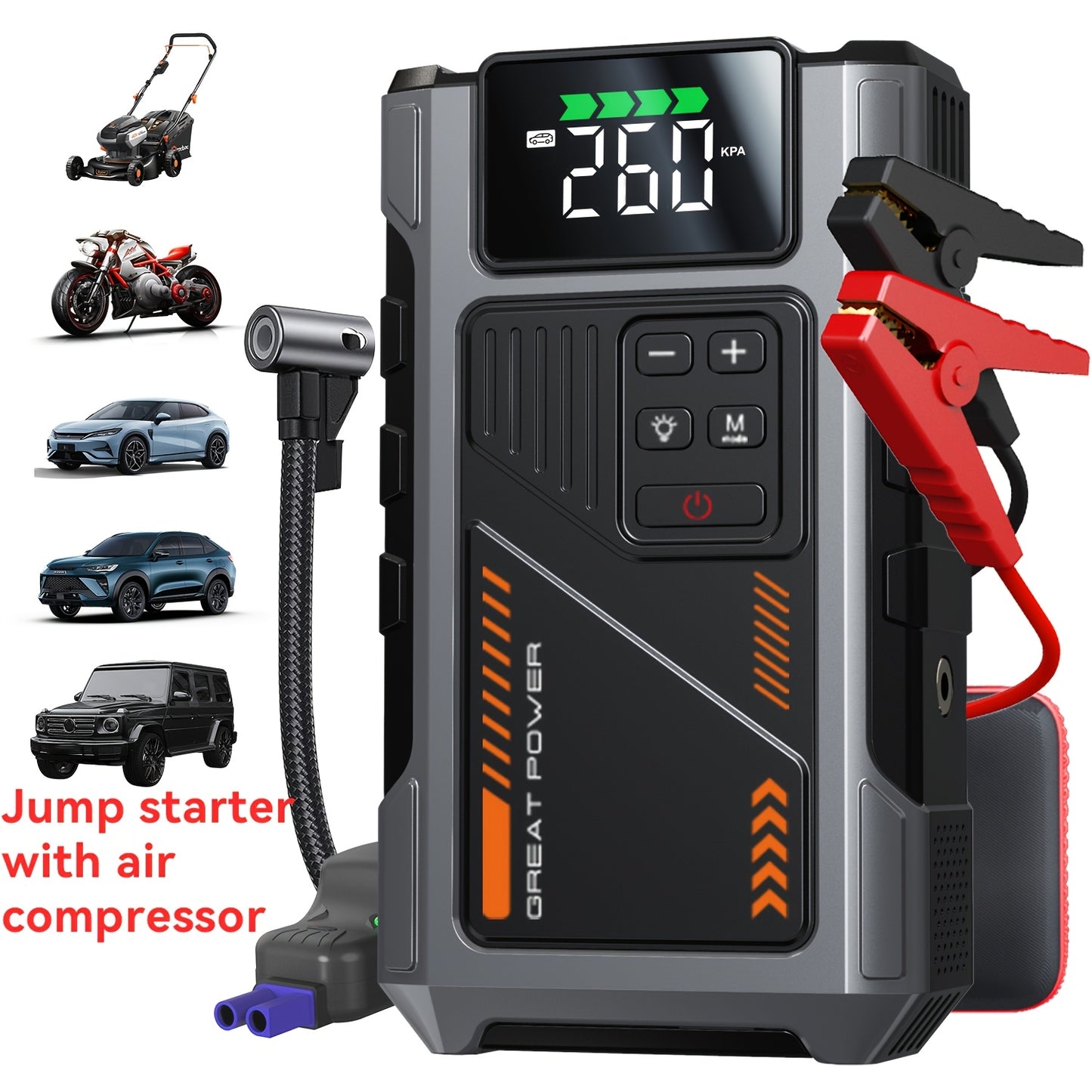 Portable Jump Starter 3000A Peak Power Car Compressor