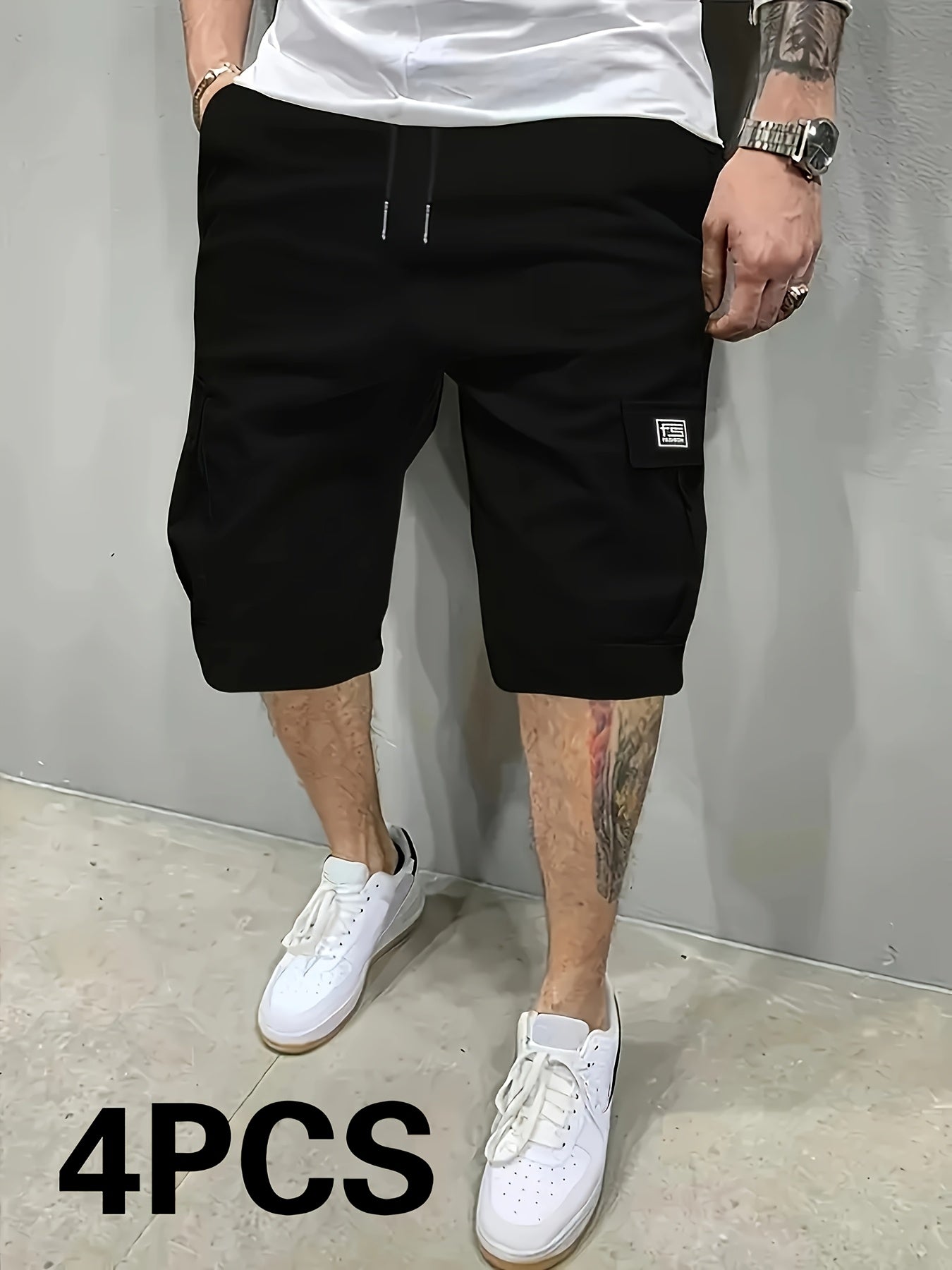4 Pack Men's Casual Cargo Shorts Solid Color 100 Percent Polyester Non Stretch Woven Fabric Loose Fit Summer Fashion