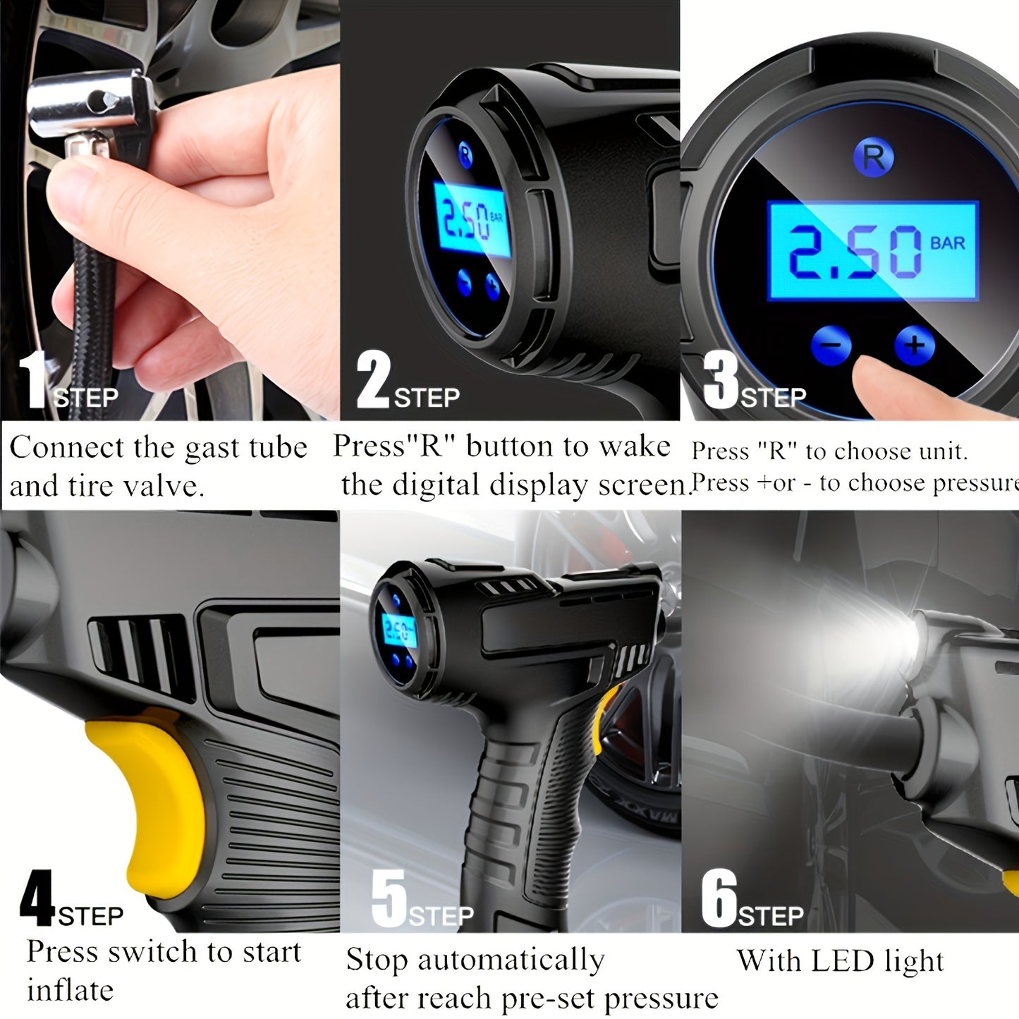 1pc Tire Inflator Portable Air Compressor 101-150PSI Car Pump
