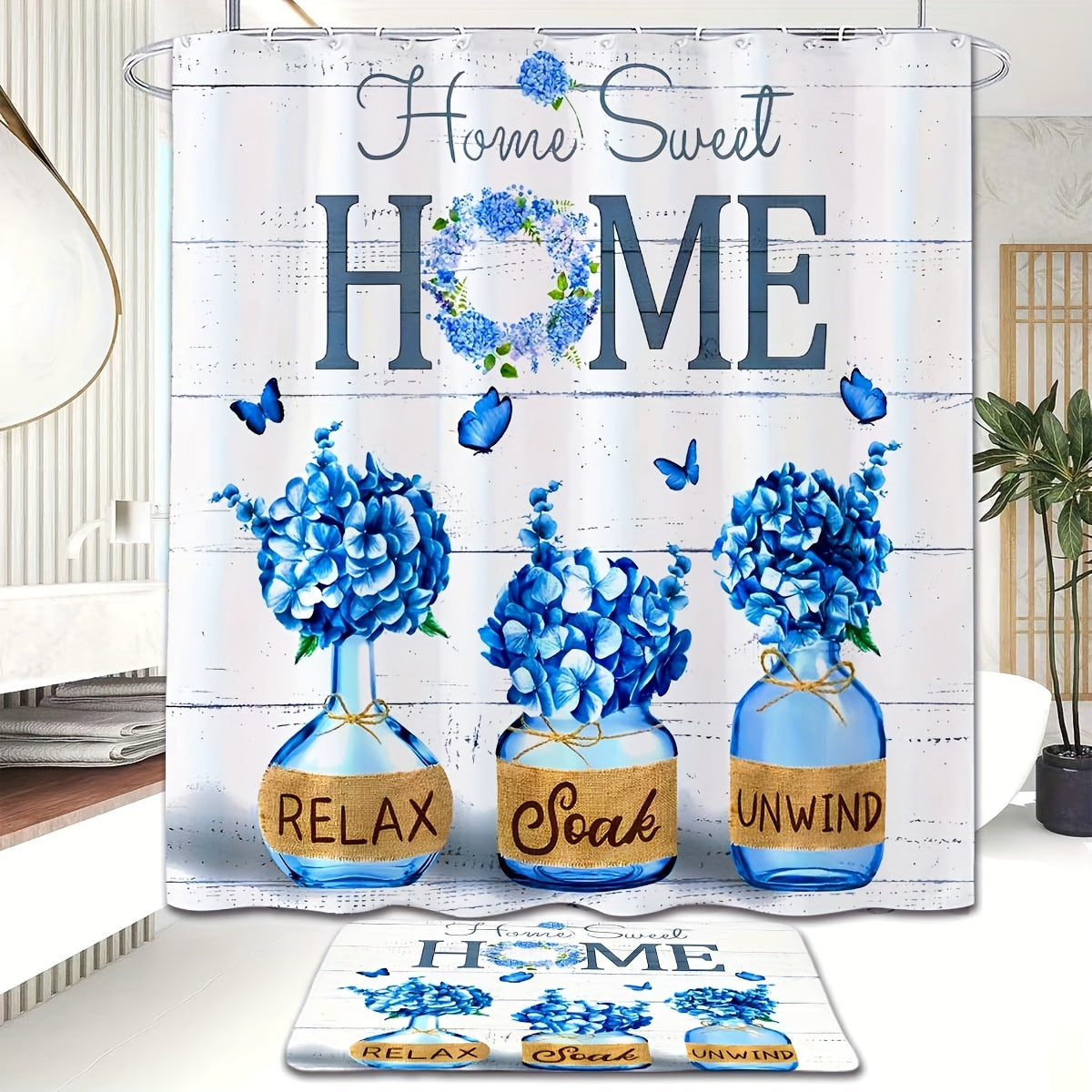 4pcs Shower Curtain Set, Floor Mat, Toilet Mat, Seat Cushion