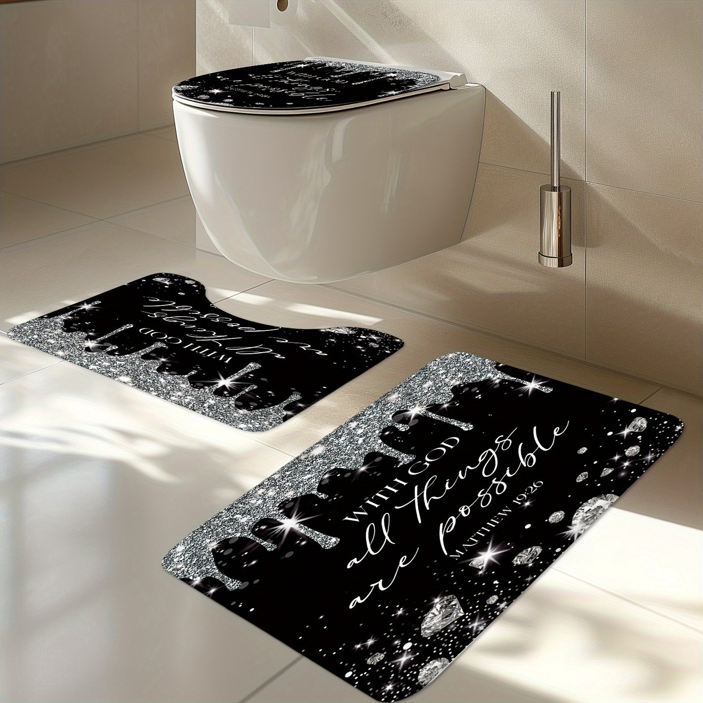 1pc/4pcs Black Silvery Diamond Quote Bathroom Set Decor