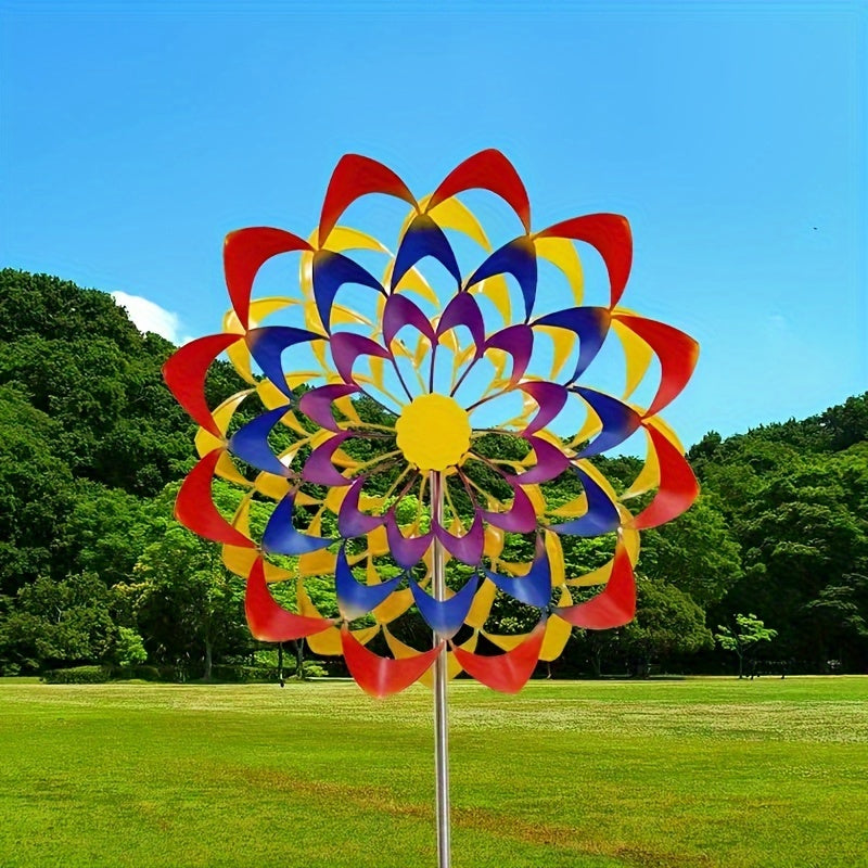 Vibrant Rainbow Metal Windmill Sculpture Rotating Garden Stake