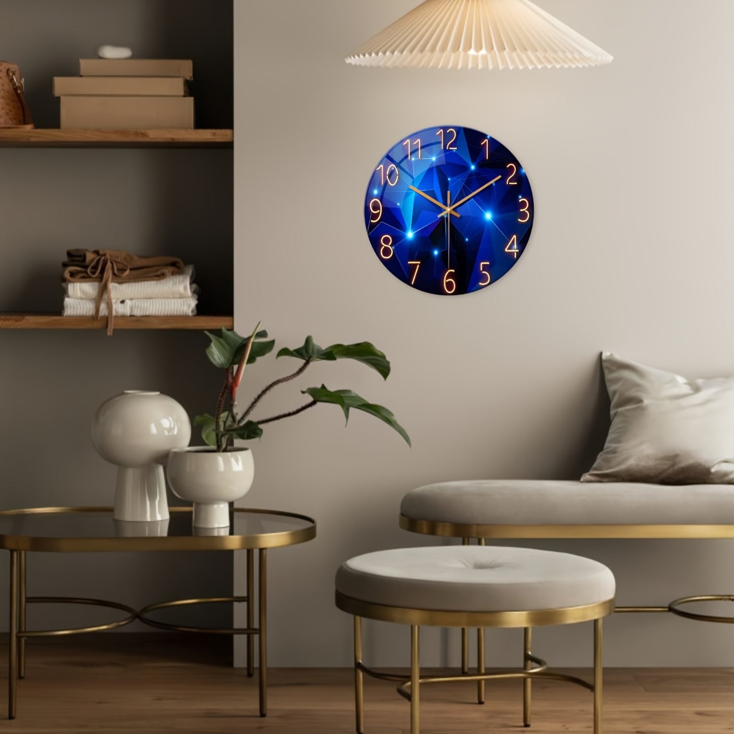 16 Inch Dreamy Deep Blue Geometric Large Tempered Glass Wall Clock Battery Operated Silent Design Perfect for Living Rooms Bedrooms and Home Decoration