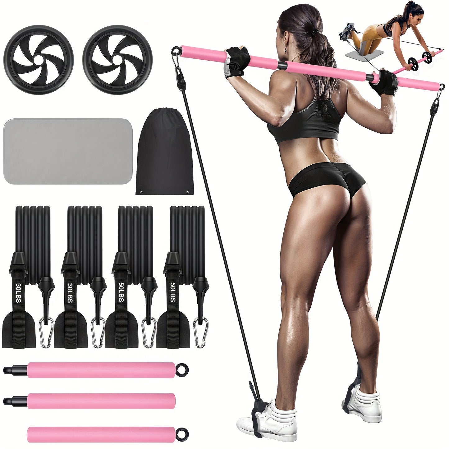 Adjustable Pilates Bar Kit - 3-Section Bar with Bands