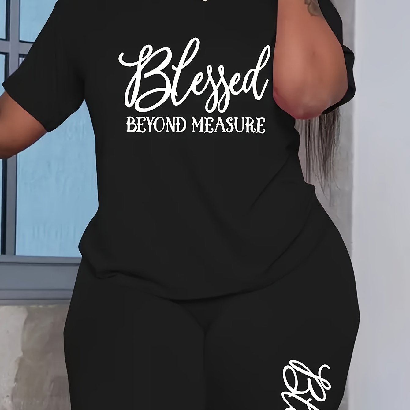 Plus Size Bold Letter Print Two-Piece Outfit For Curvy Women