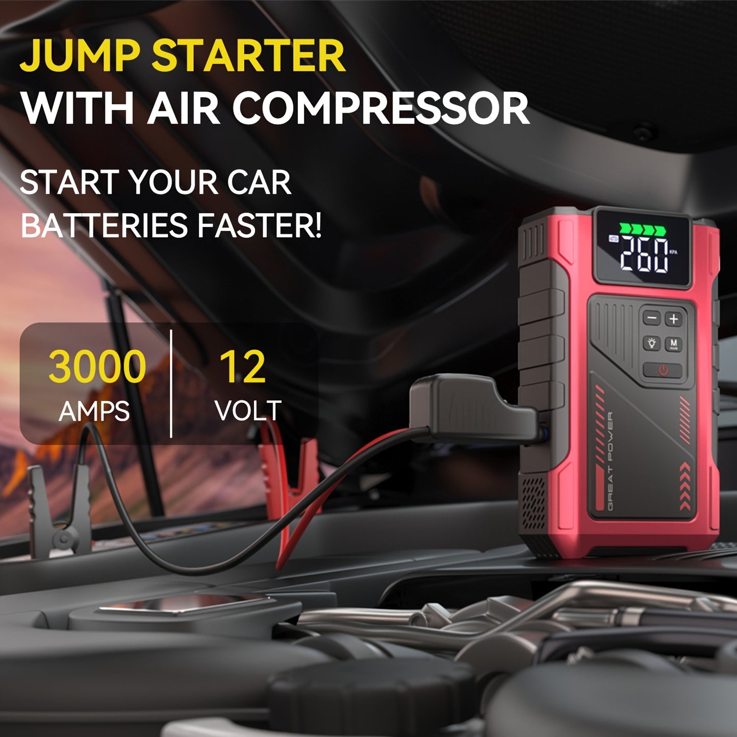 Portable Jump Starter 3000A Peak Power Car Compressor