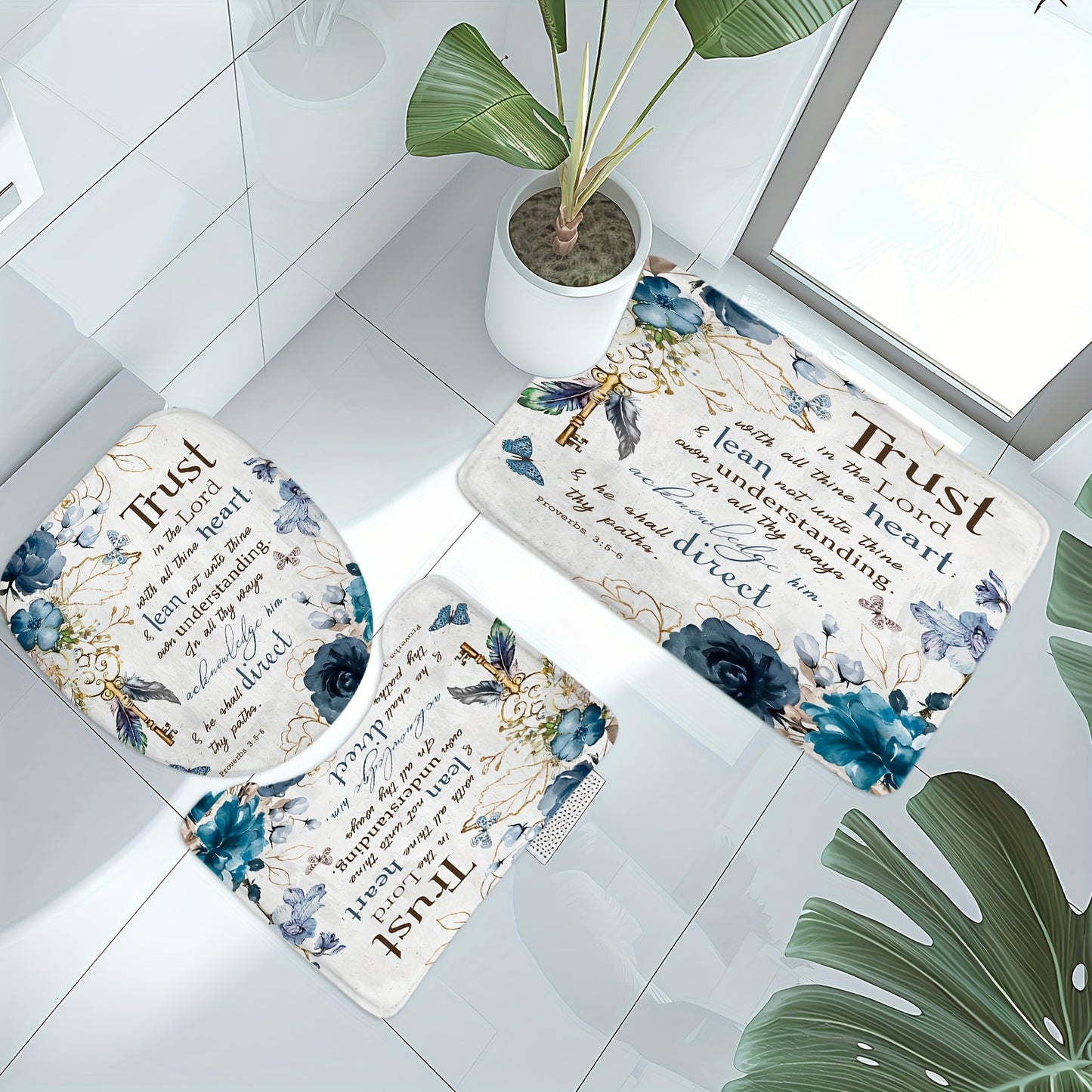 1/4pcs Teal Flower Scripture Shower Curtain Set with Hooks Mats