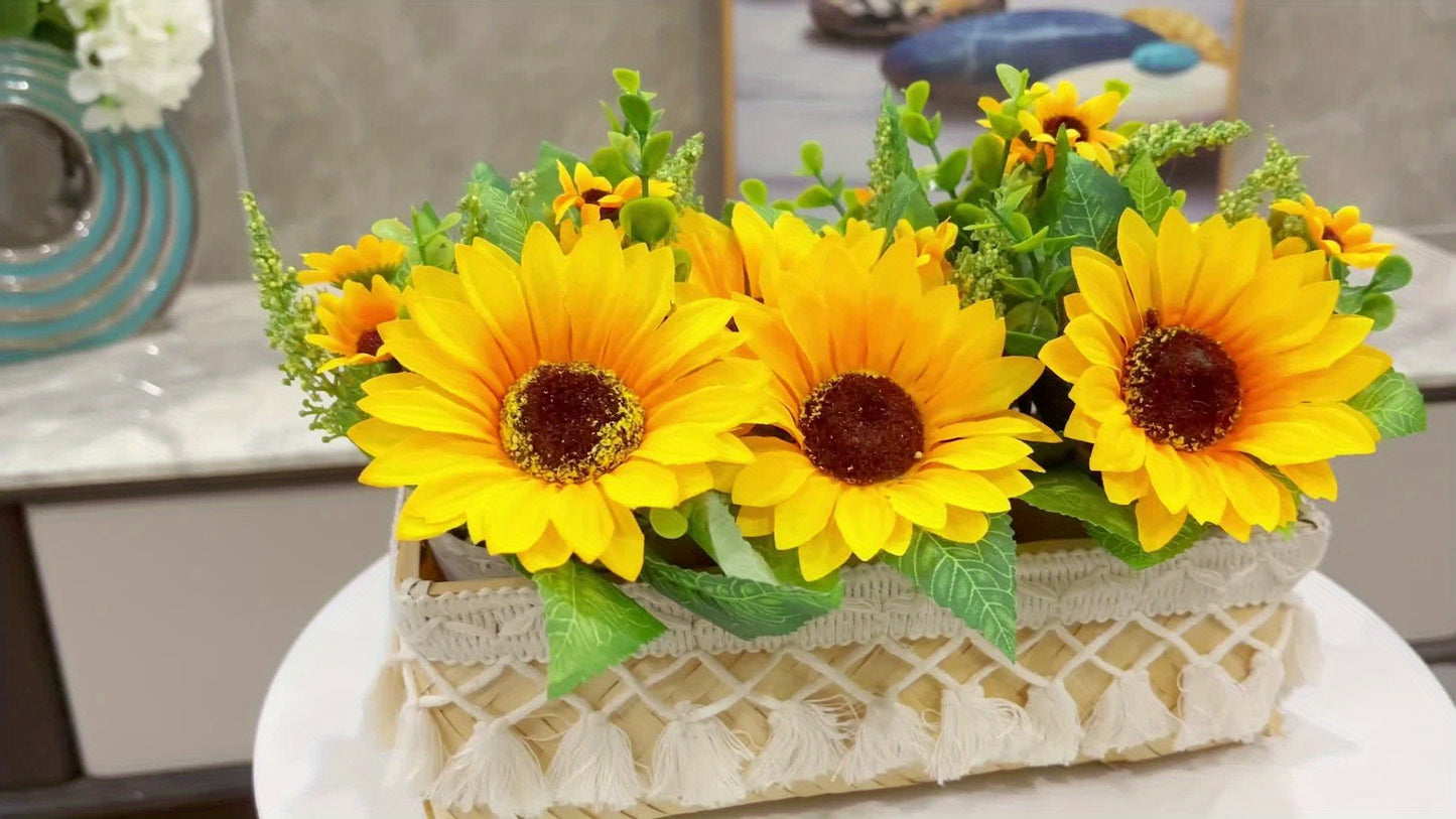 3 Potted Artificial Sunflowers with Handmade Basket Centerpiece