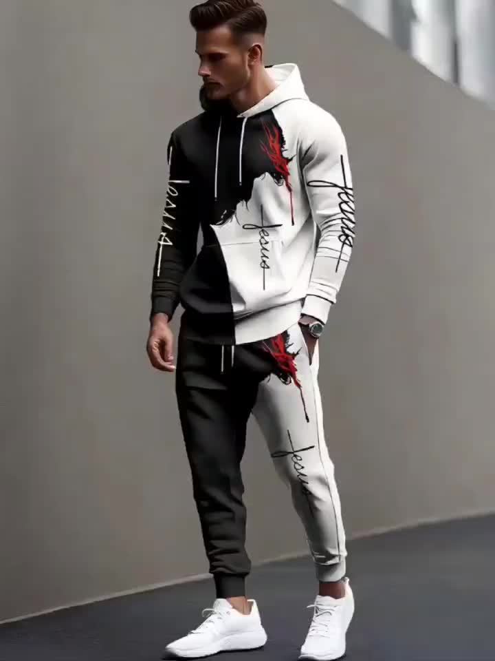Men's 3D Printed Casual Sportswear Set - Hoodie & Joggers