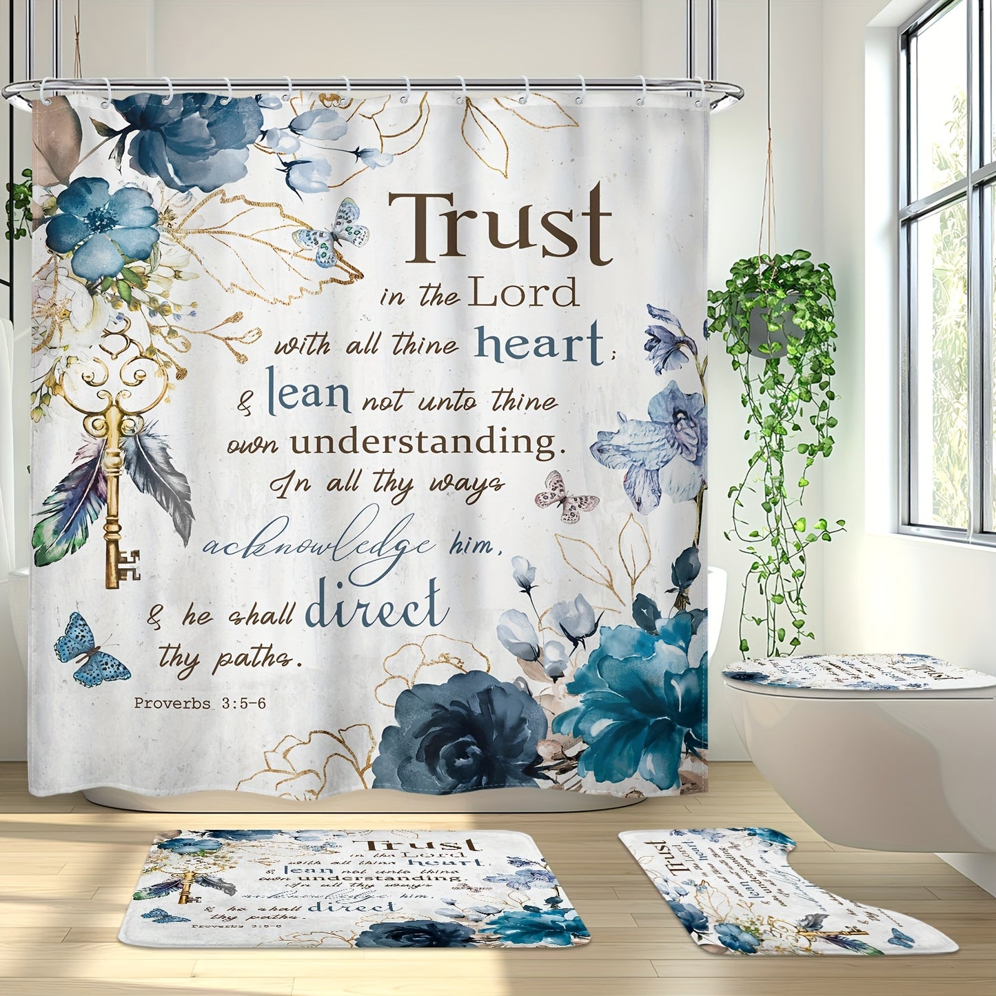 1/4pcs Teal Flower Scripture Shower Curtain Set with Hooks Mats