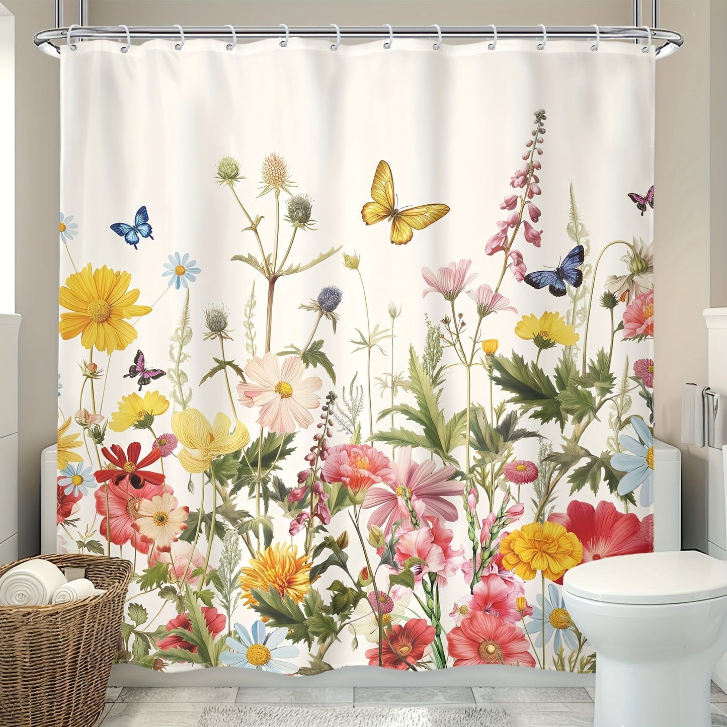 1/4pcs - Wildflower Shower Set Including Curtain Hooks 3 Mats