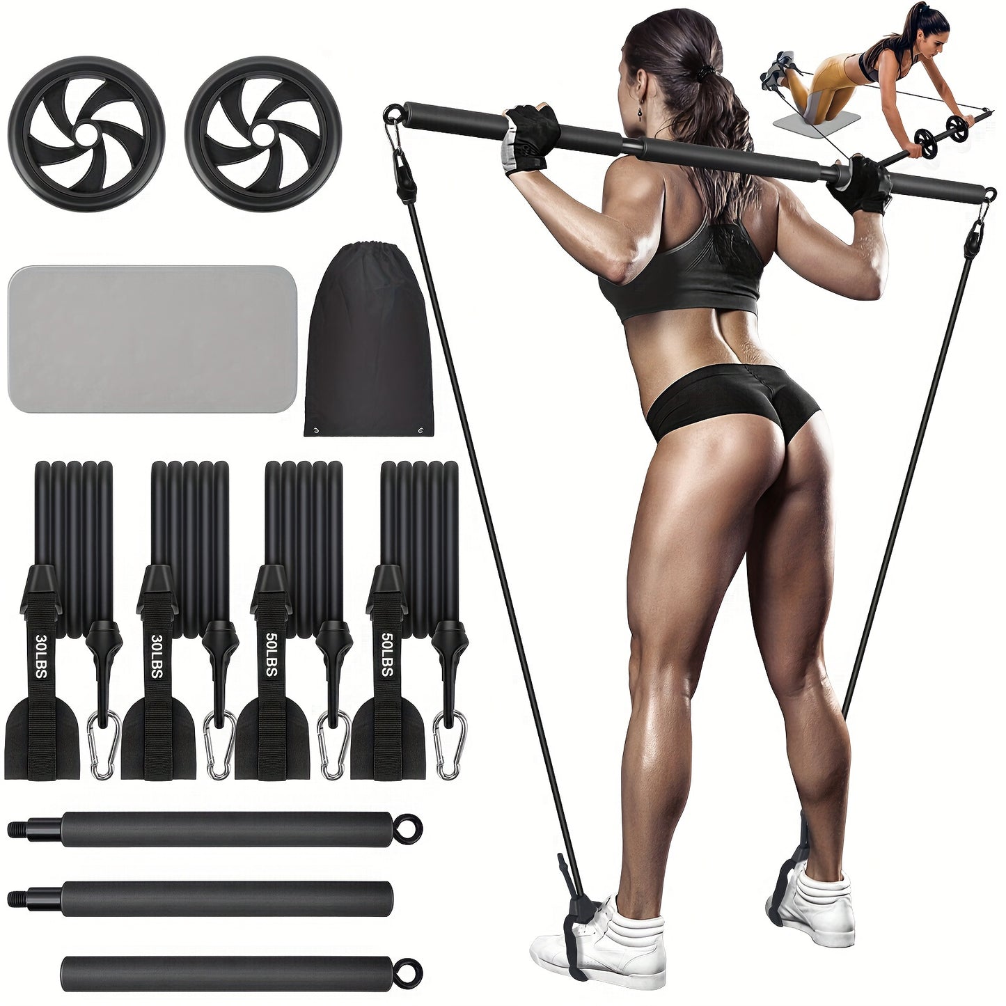 Adjustable Pilates Bar Kit - 3-Section Bar with Bands