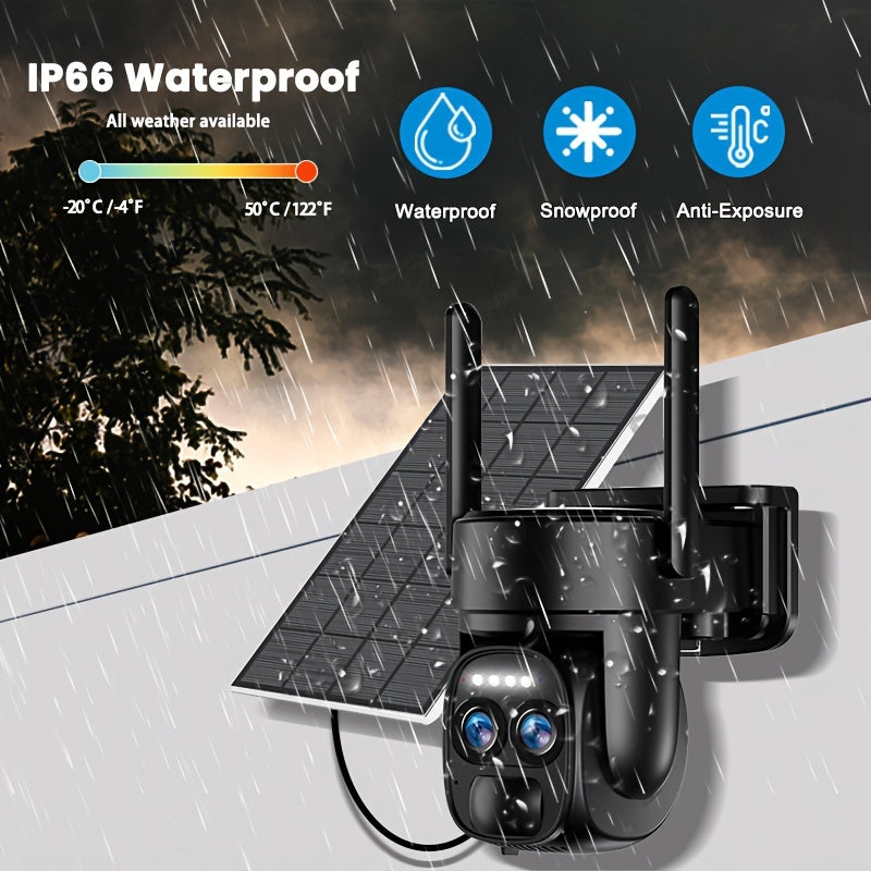 Security Camera With Solar Panel, PTZ HD System, Dual Lens