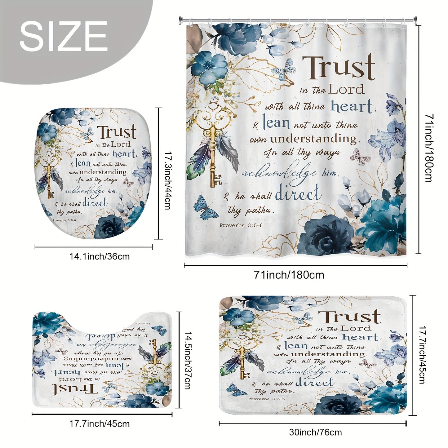 1/4pcs Teal Flower Scripture Shower Curtain Set with Hooks Mats