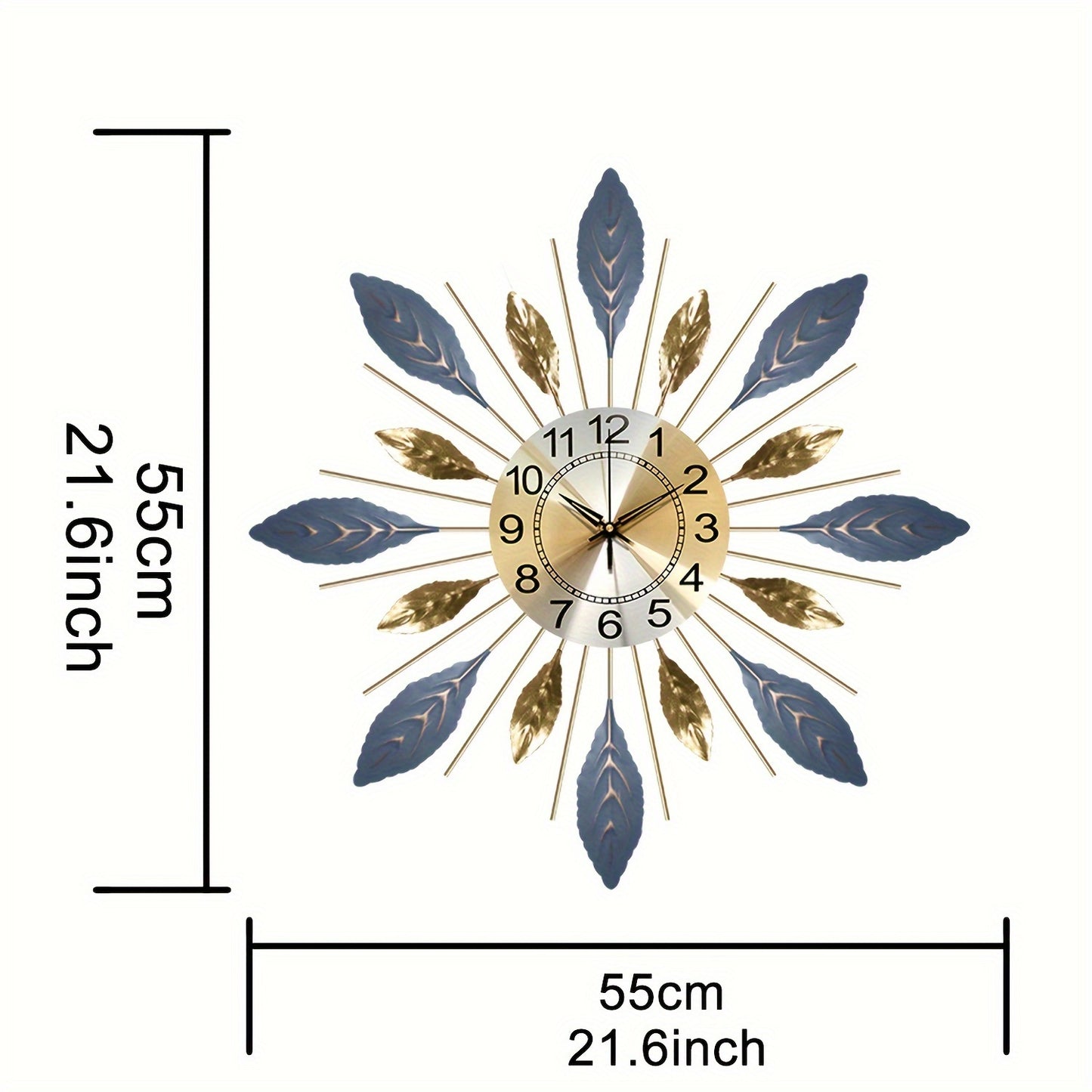 Golden Blue Metal Leaf Design Clock Silent Non-Ticking