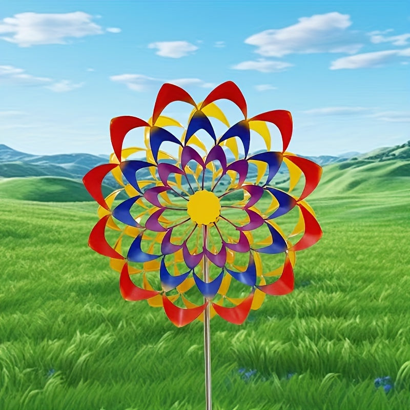 Vibrant Rainbow Metal Windmill Sculpture Rotating Garden Stake
